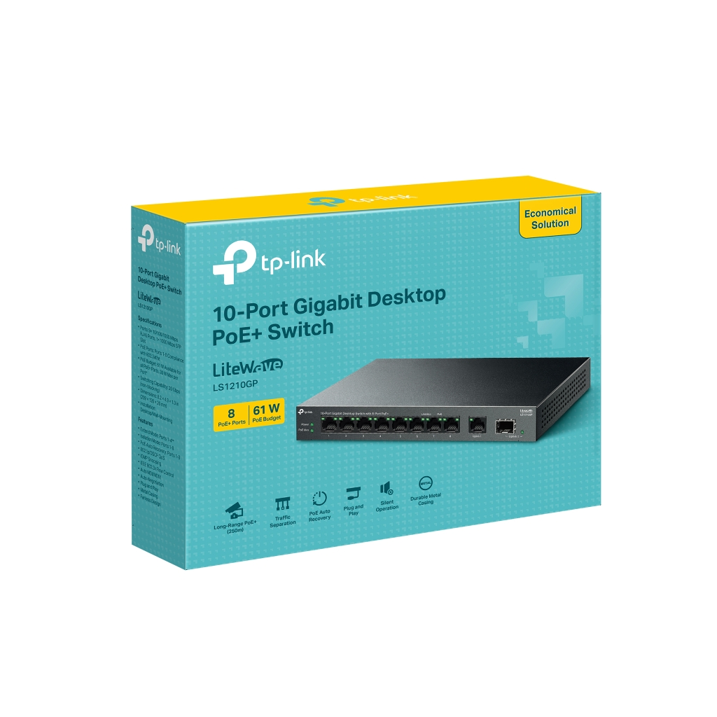 TP-LINK LS1210GP, Green Tech, 10 port Gigabit, 9 Port POE, +1 Port Gigabit SFP, 61W, Yönetilemez Masaüstü Switch