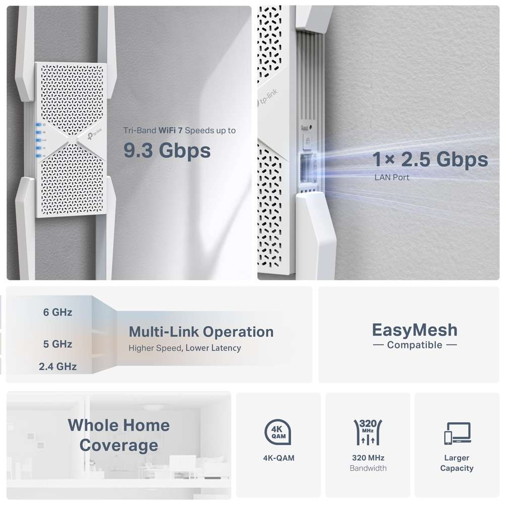 TP-LINK RE655BE WIFI7 BE9300 Üç Bant Menzil Genişletici Priz Tip