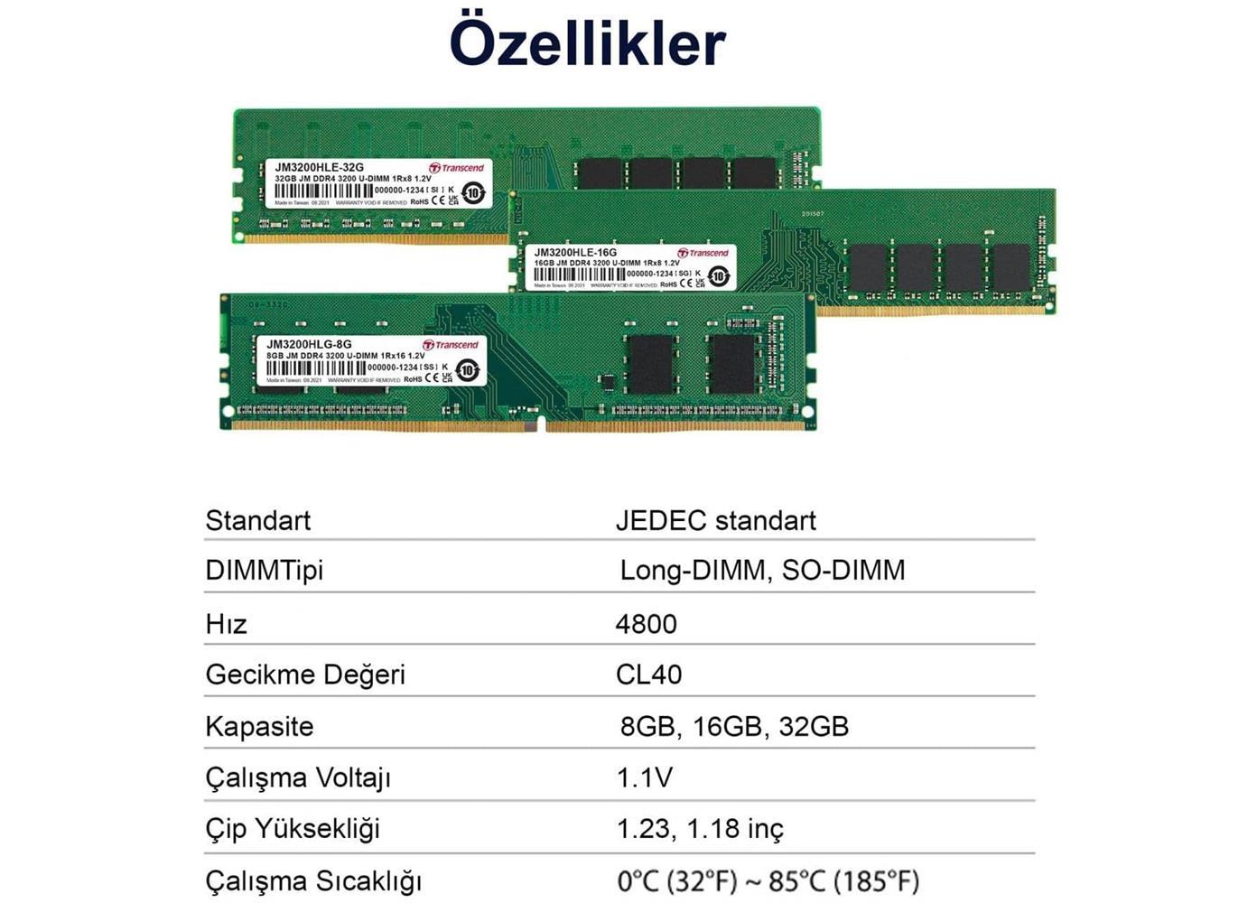Transcend JM4800ALE-32G 32GB DDR5 4800Mhz CL40 1.1V Masaüstü Pc Ram