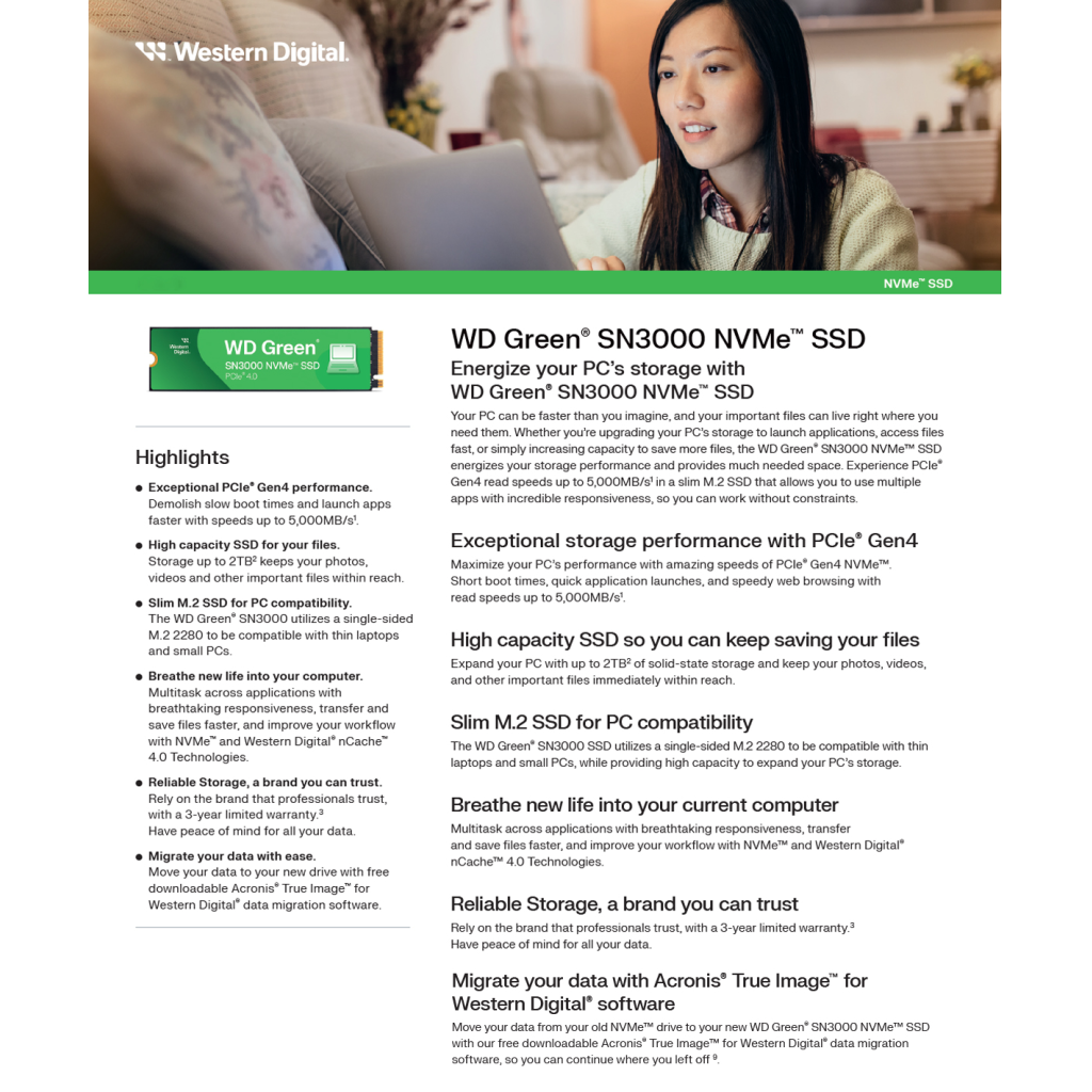 WD Green SN3000, WDS100T4G0E, 1TB, 5000/4200, Gen4, NVMe PCIe M.2 2280, SSD