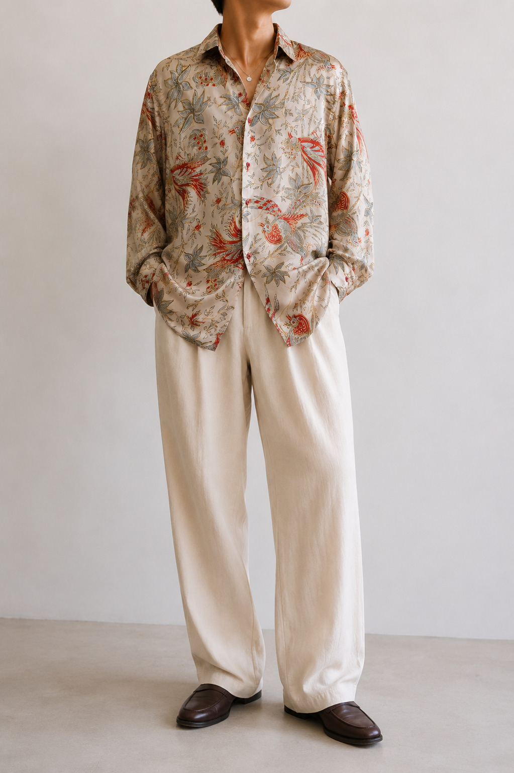 1970s Oryantalist Anka Kuşlu Saten Gömlek