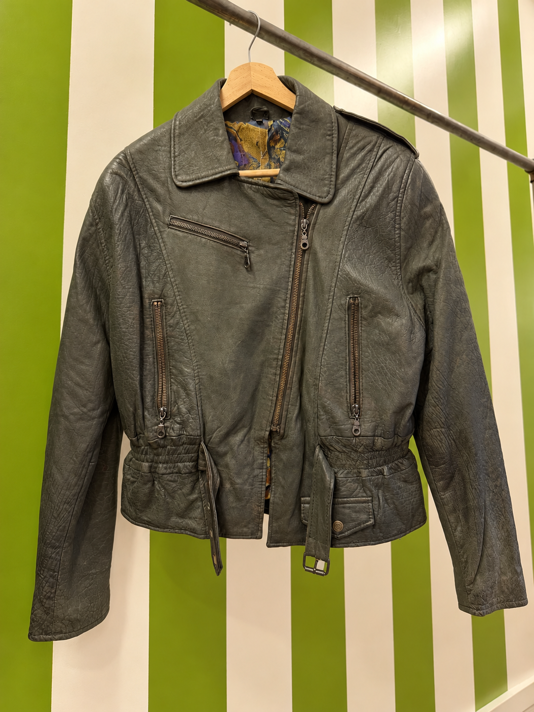 1980s Classic Biker Kemerli Deri Ceket