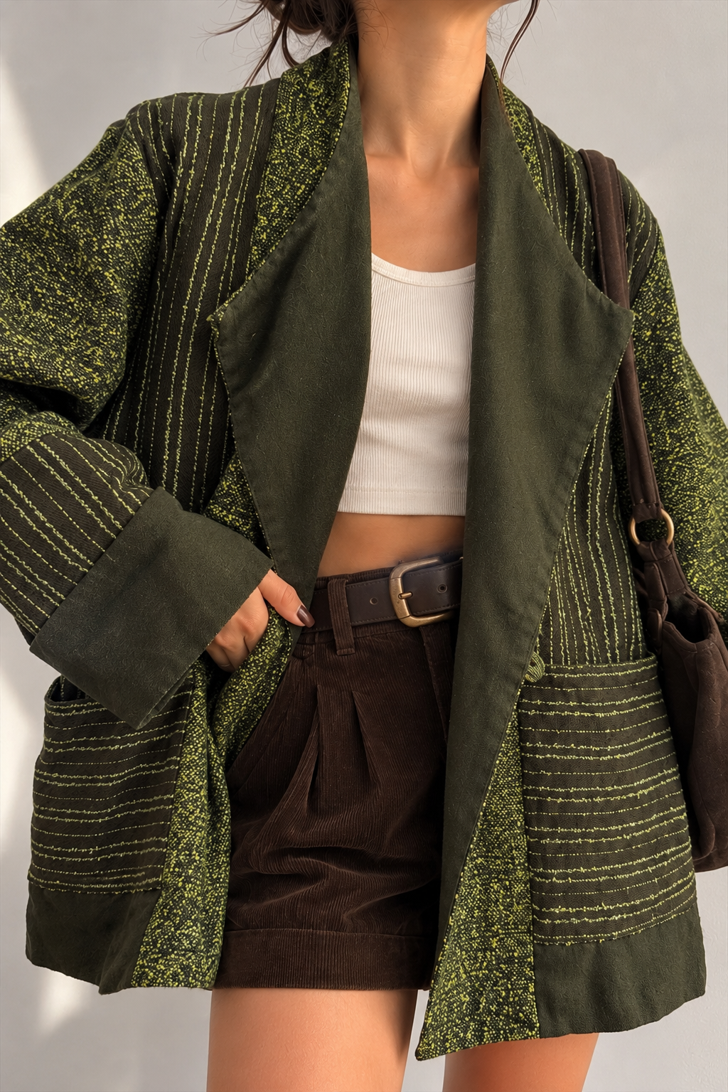 1990s Boho Olive Green Tweed Yün Ceket