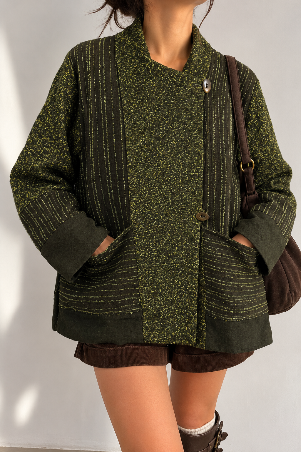 1990s Boho Olive Green Tweed Yün Ceket