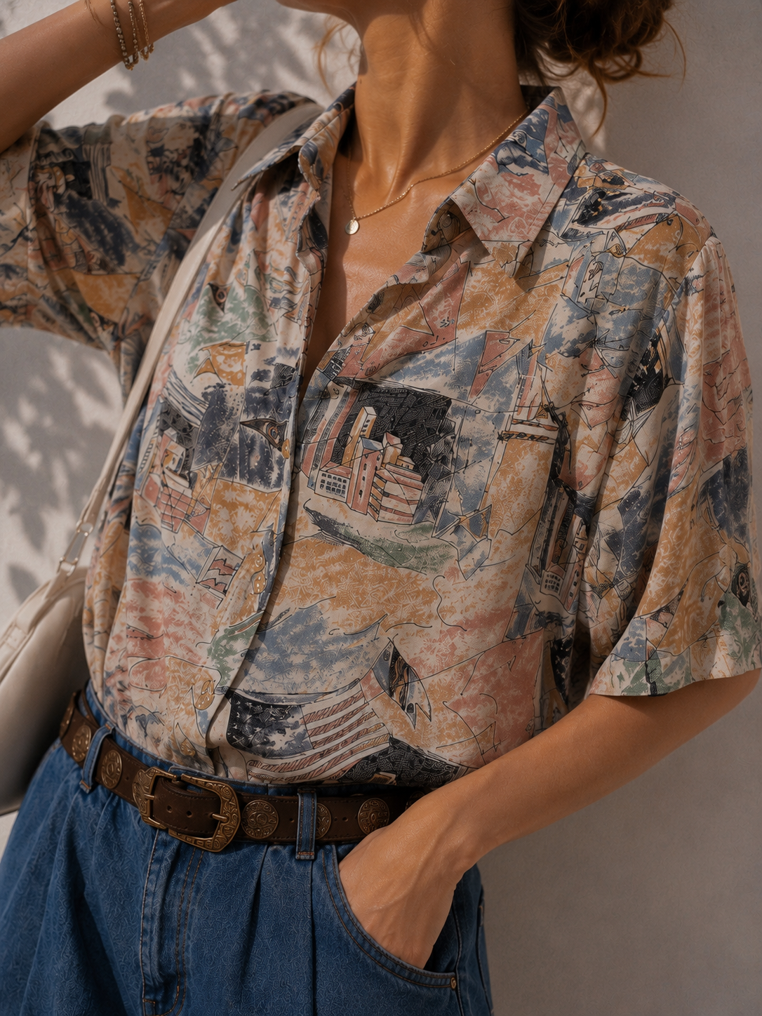 1990s Karekalem Desenli Salaş Viscose Gömlek