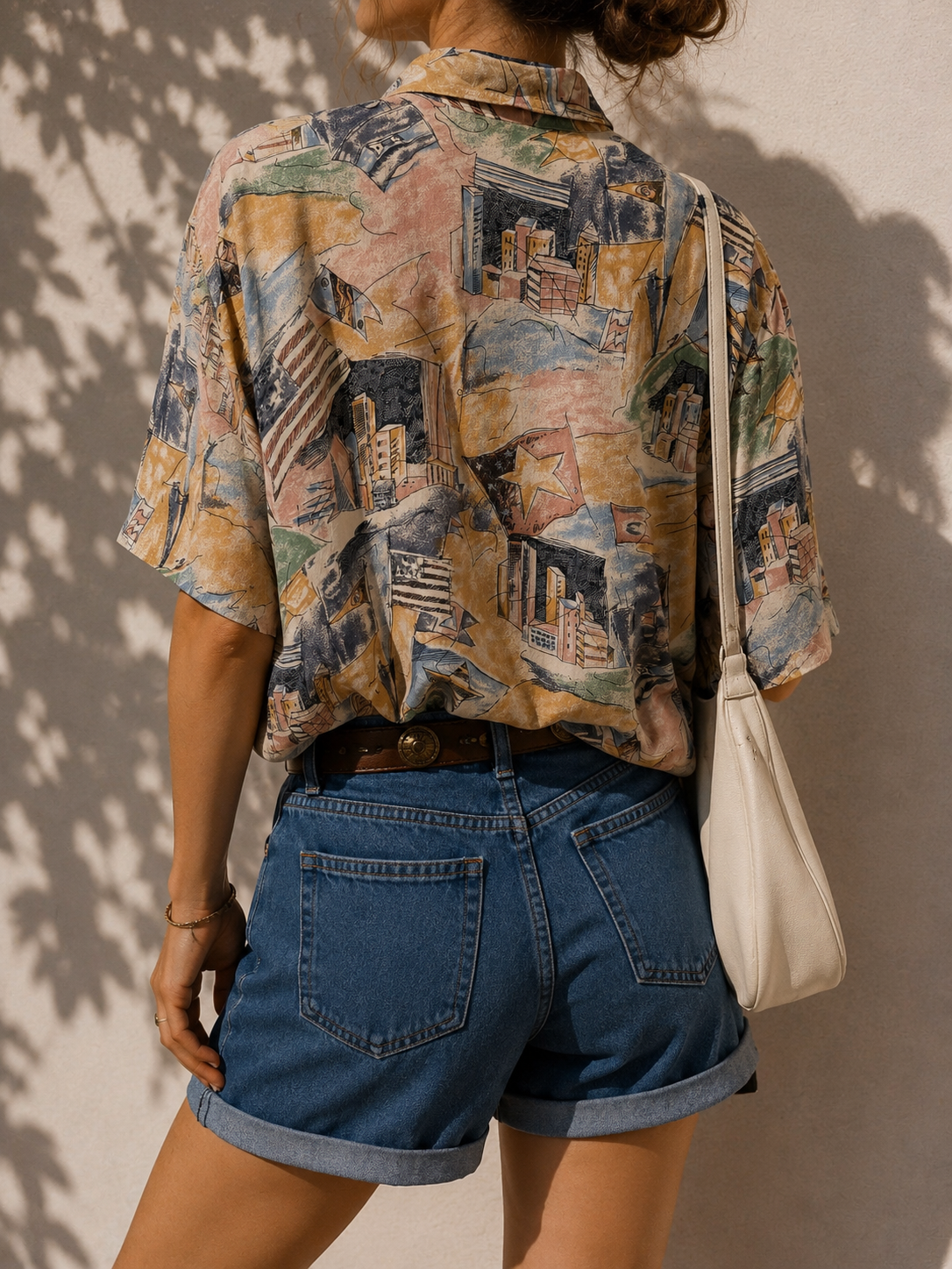 1990s Karekalem Desenli Salaş Viscose Gömlek