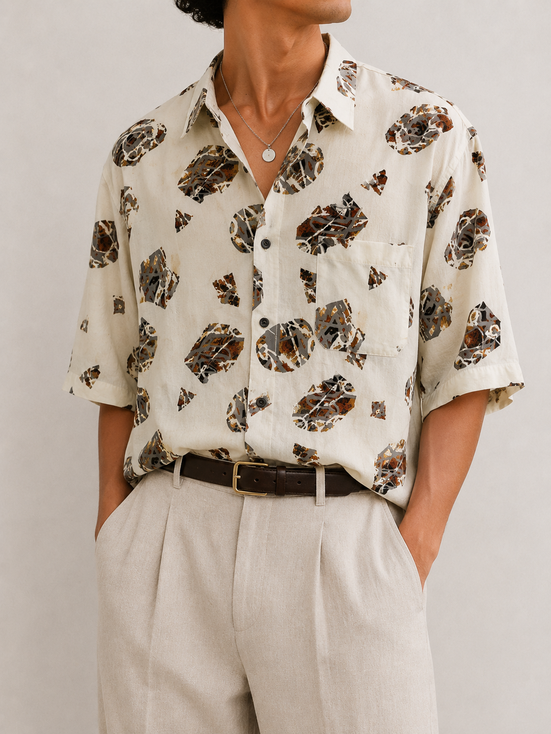 1990s Krem Geometrik Desen Gömlek