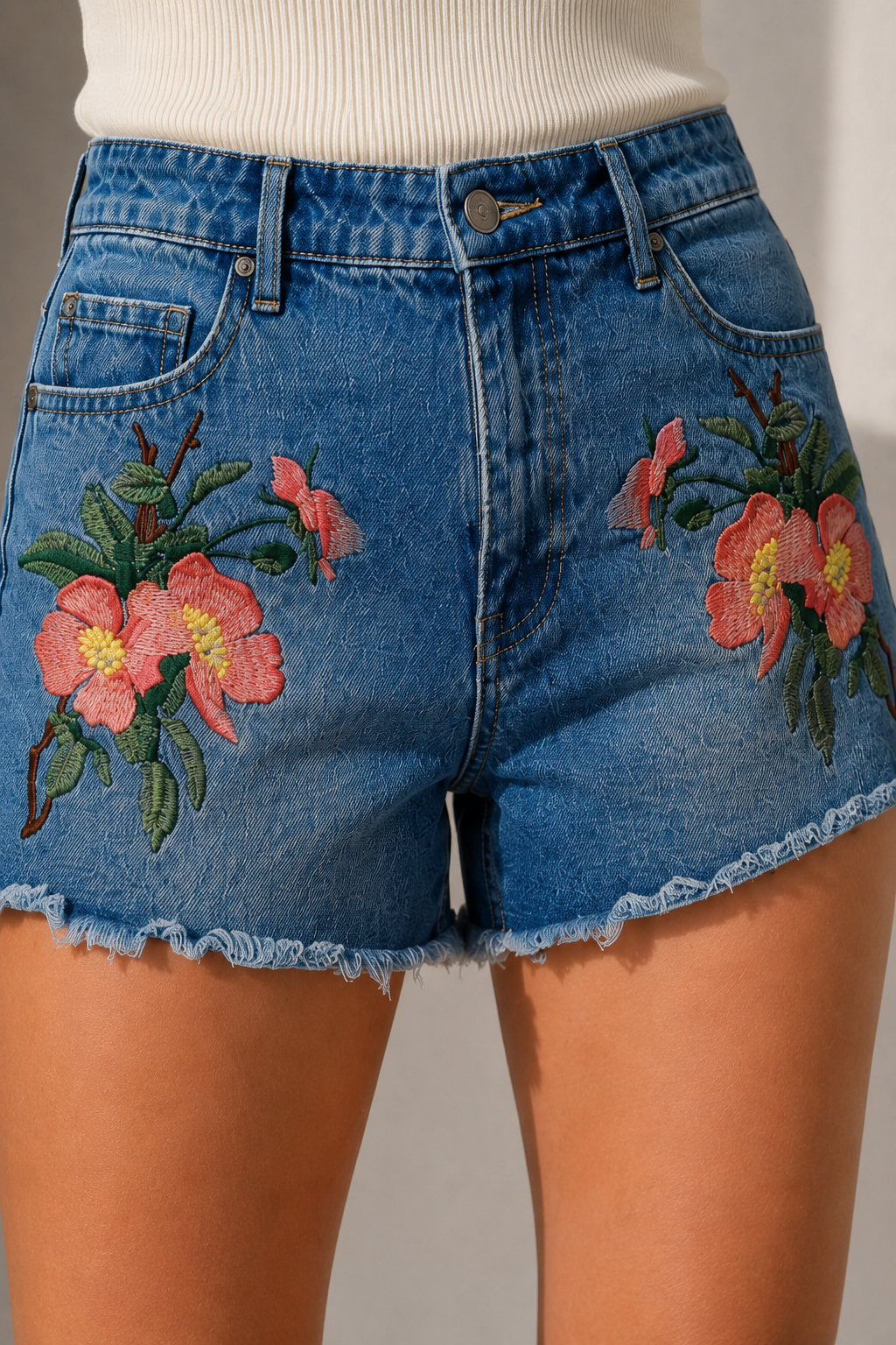 2000s Çiçek Nakışlı Denim Şort