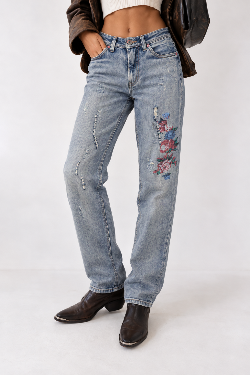 2000s Nakışlı Eskitme Jean Pantolon