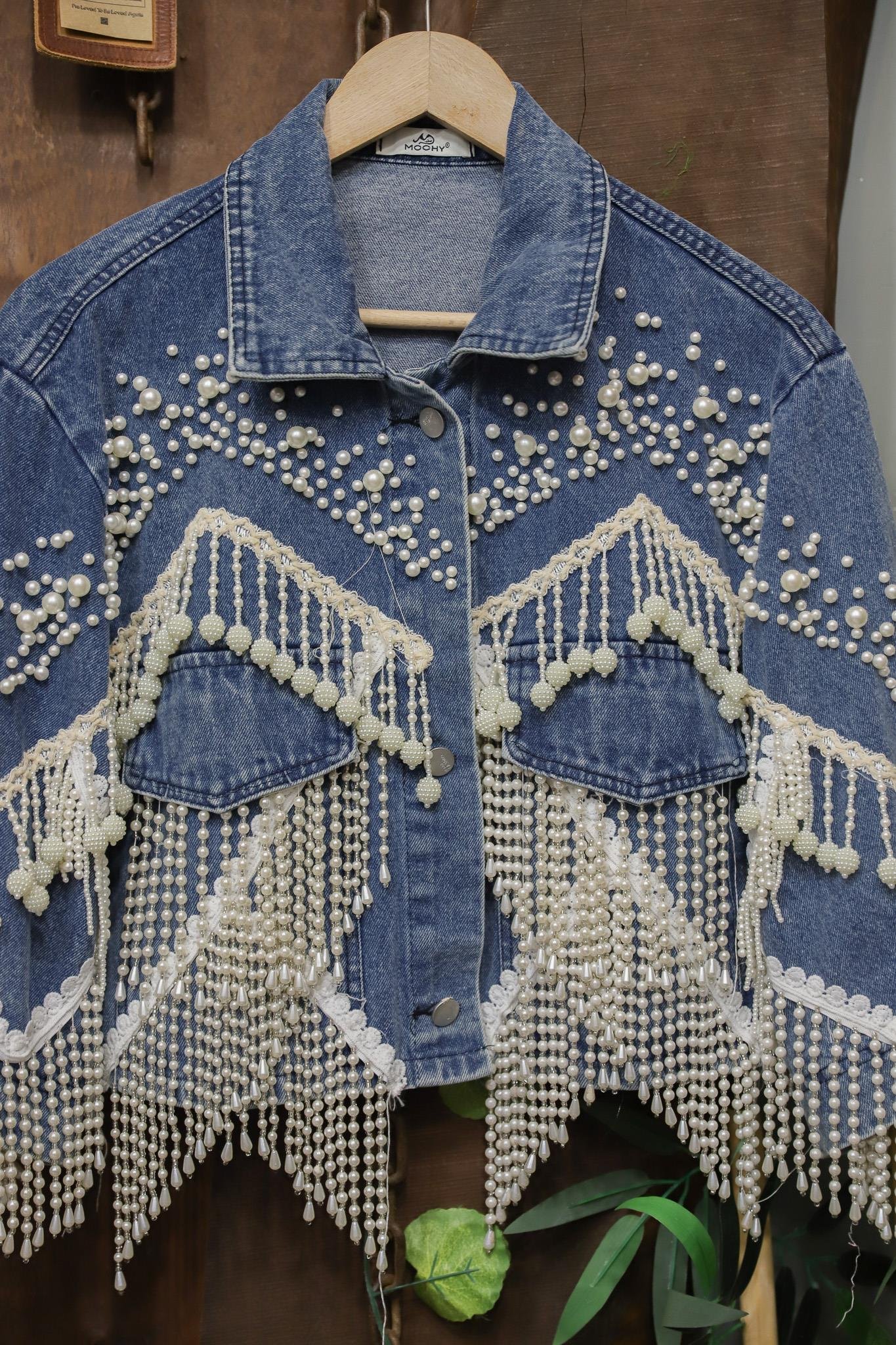 2000's Pearl Fringe Crop Denim Ceket