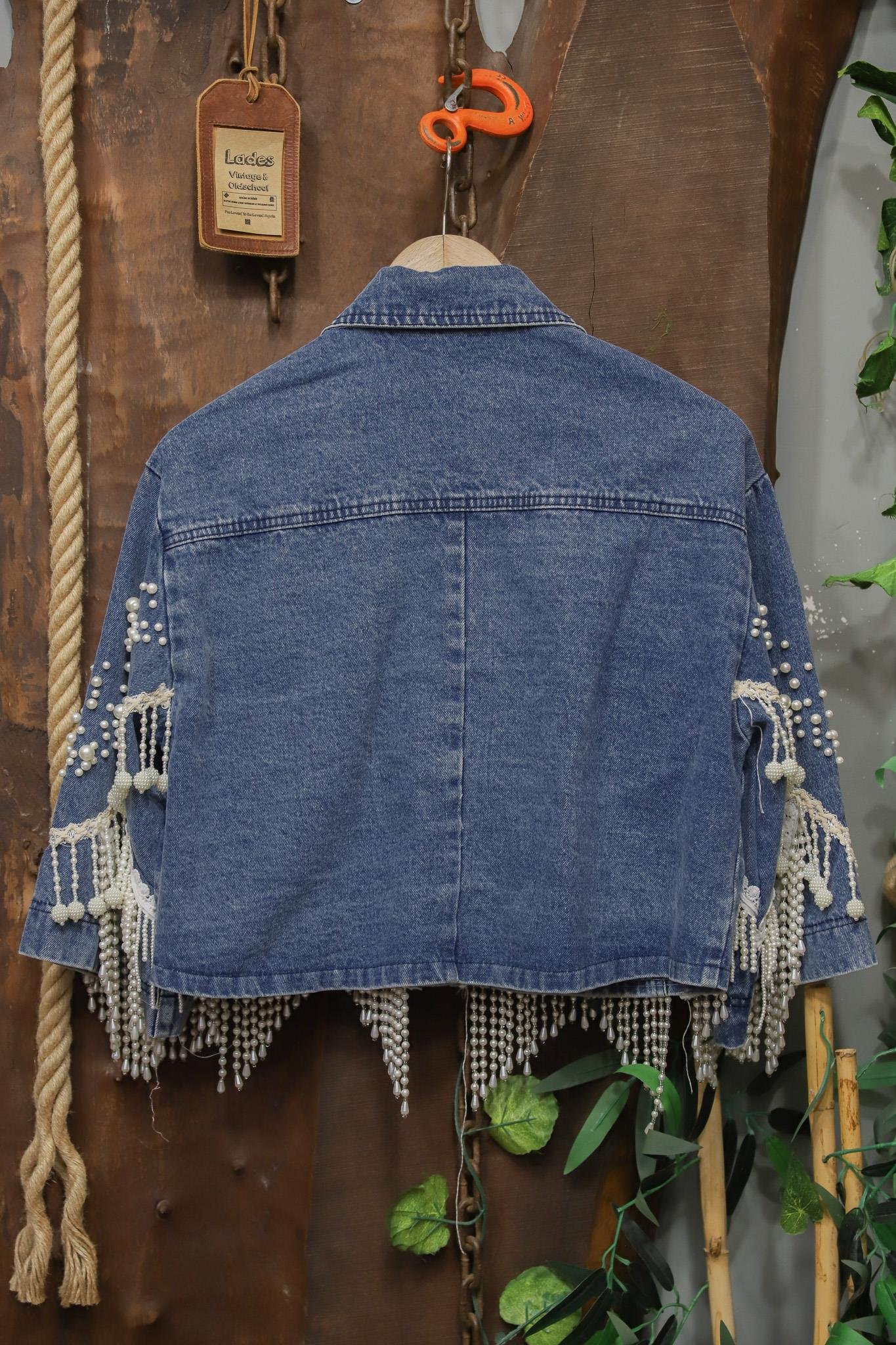 2000's Pearl Fringe Crop Denim Ceket