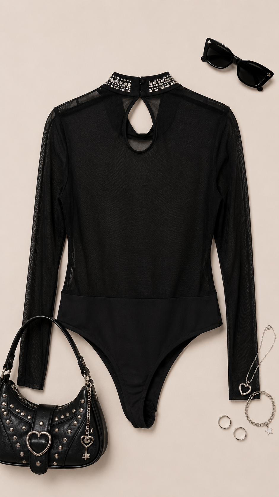2000s Tül Kollu Taşlı Bodysuit