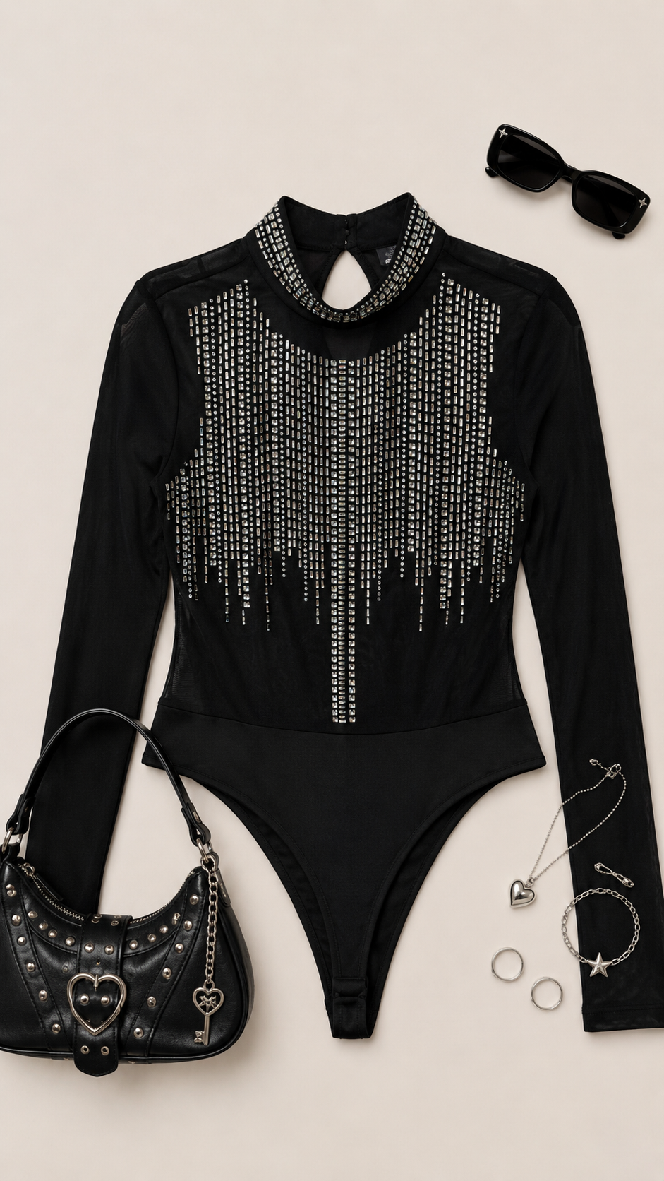 2000s Tül Kollu Taşlı Bodysuit