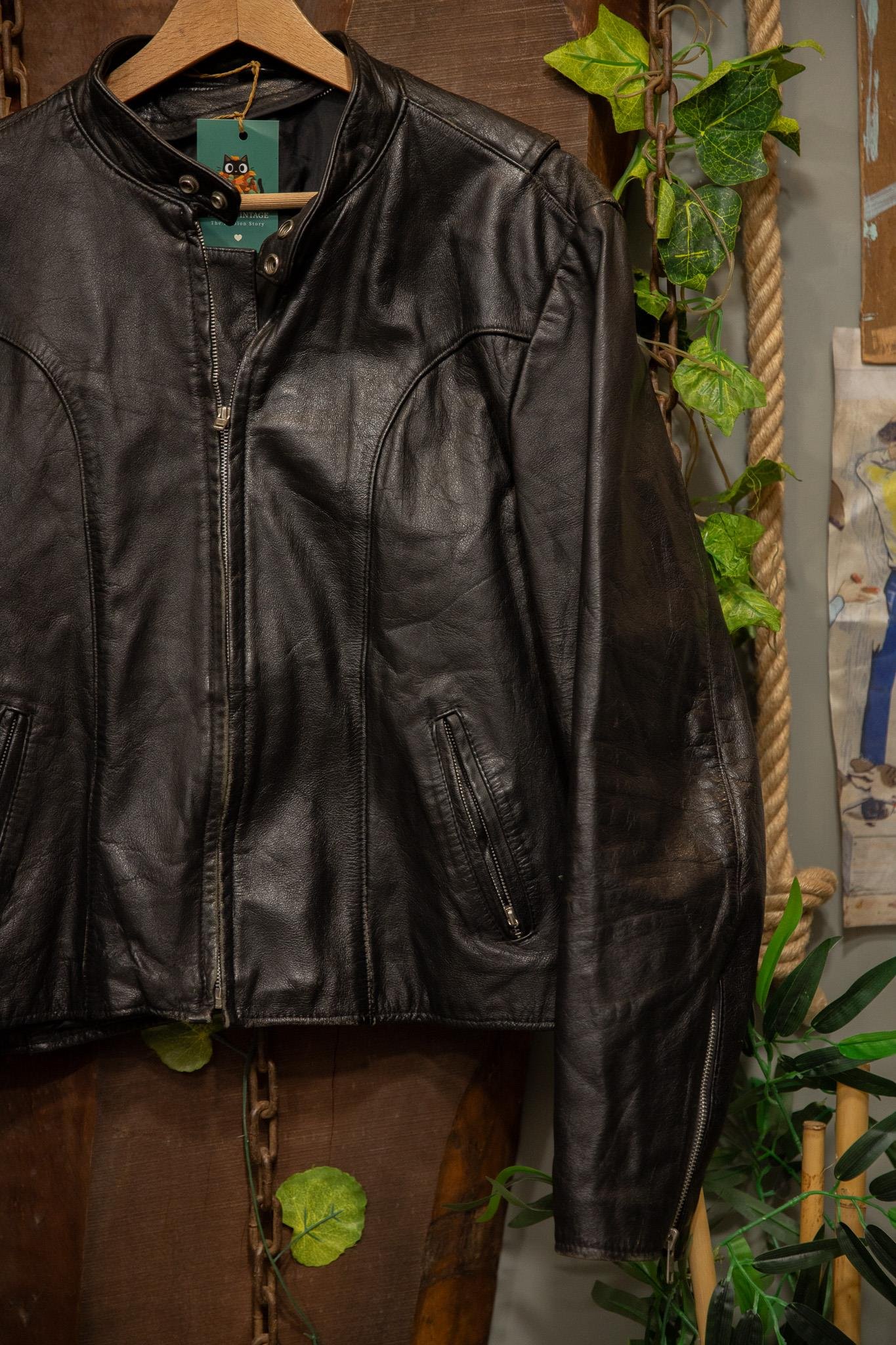 80's Black Biker Eskitme Deri Ceket