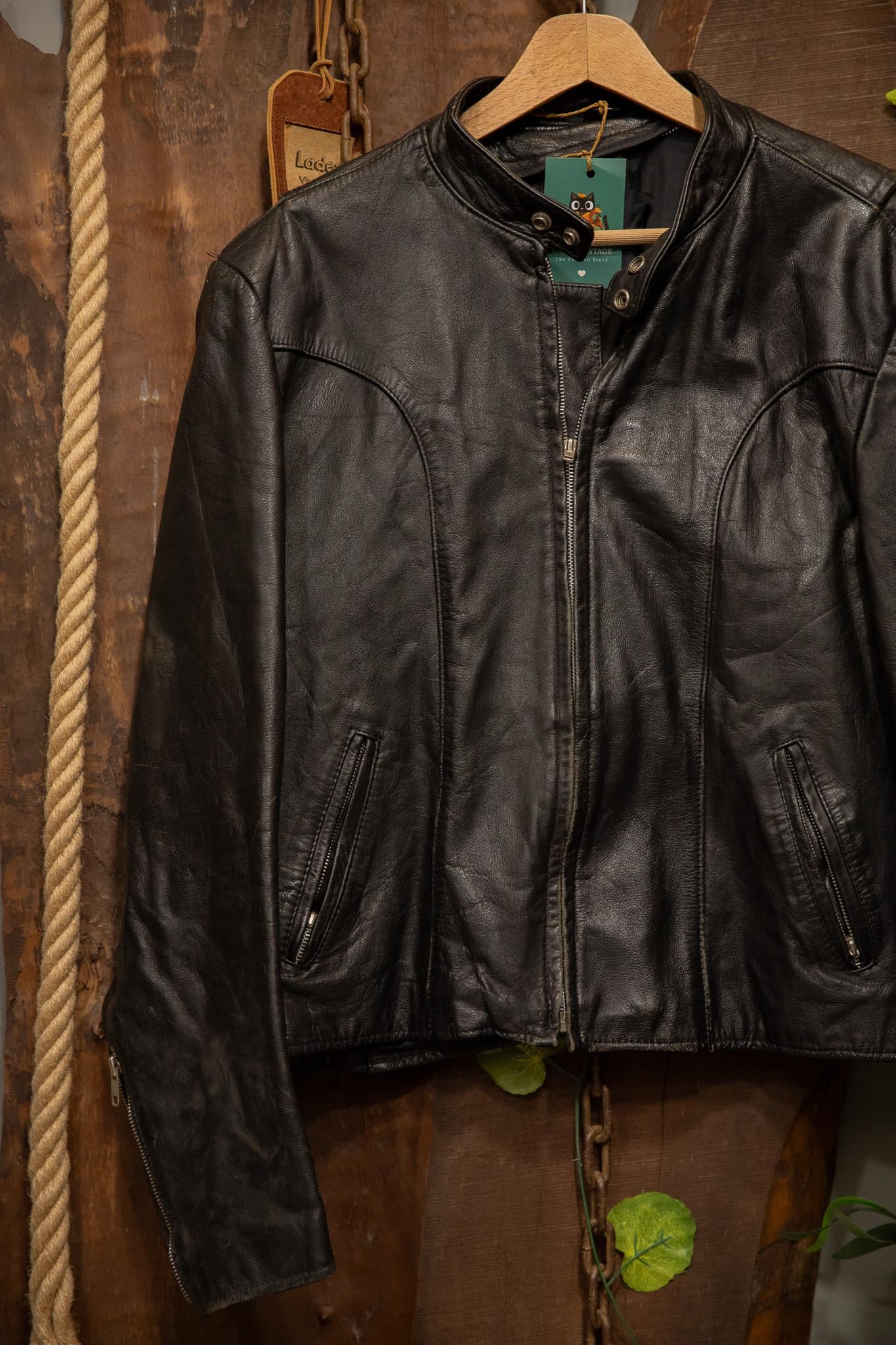 80's Black Biker Eskitme Deri Ceket