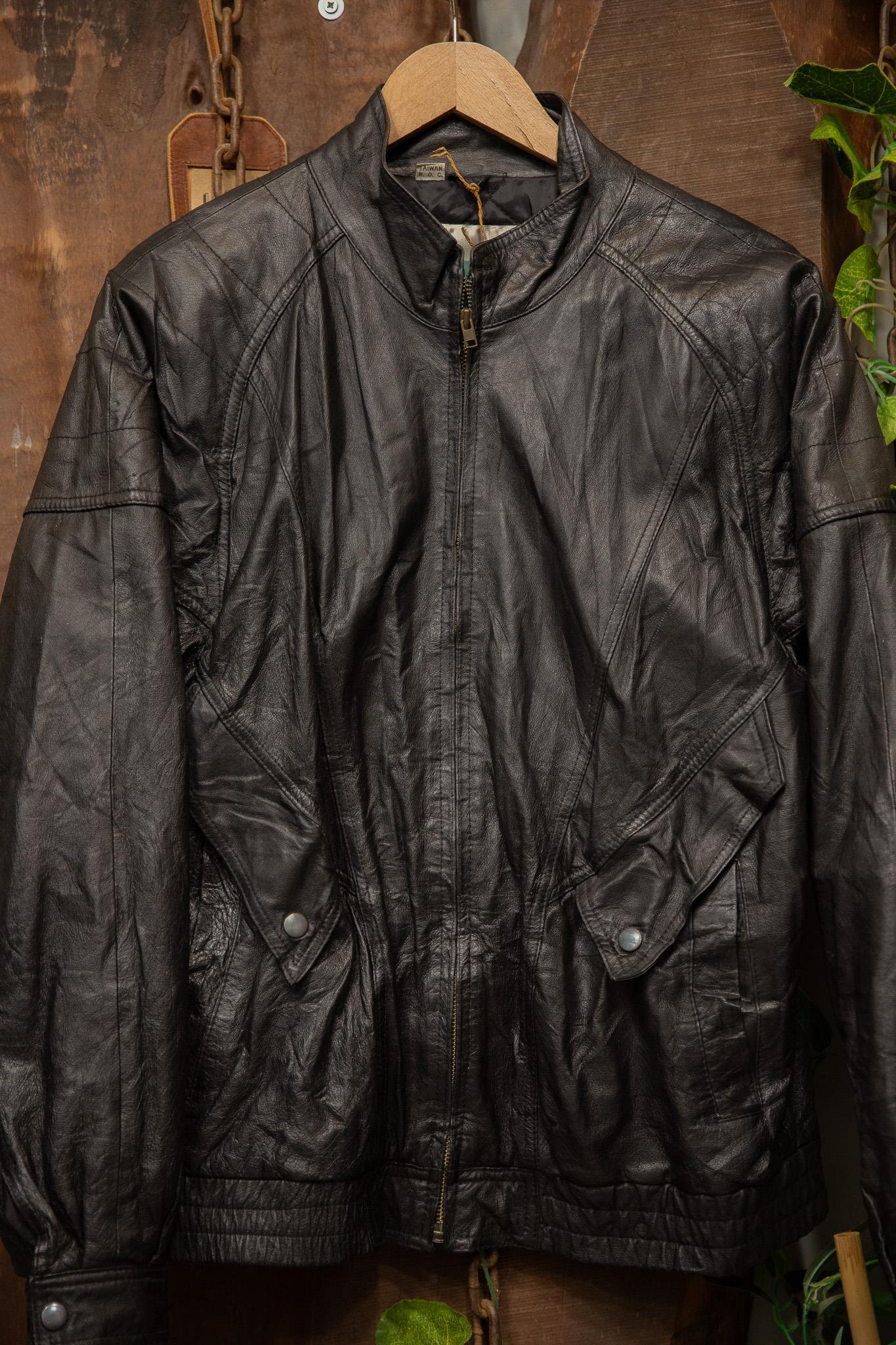 80's Black Oversize Bomber Deri Ceket