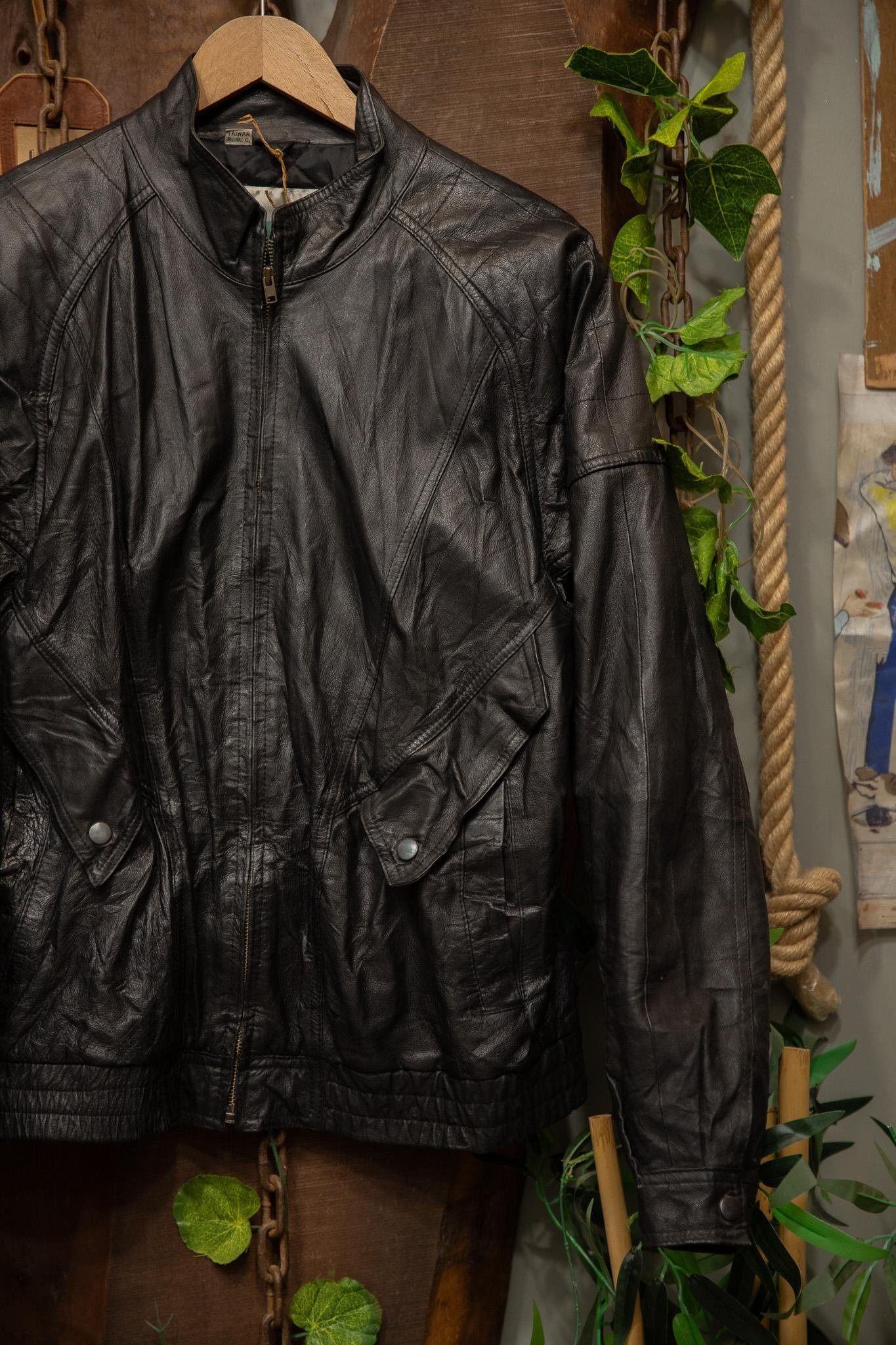 80's Black Oversize Bomber Deri Ceket