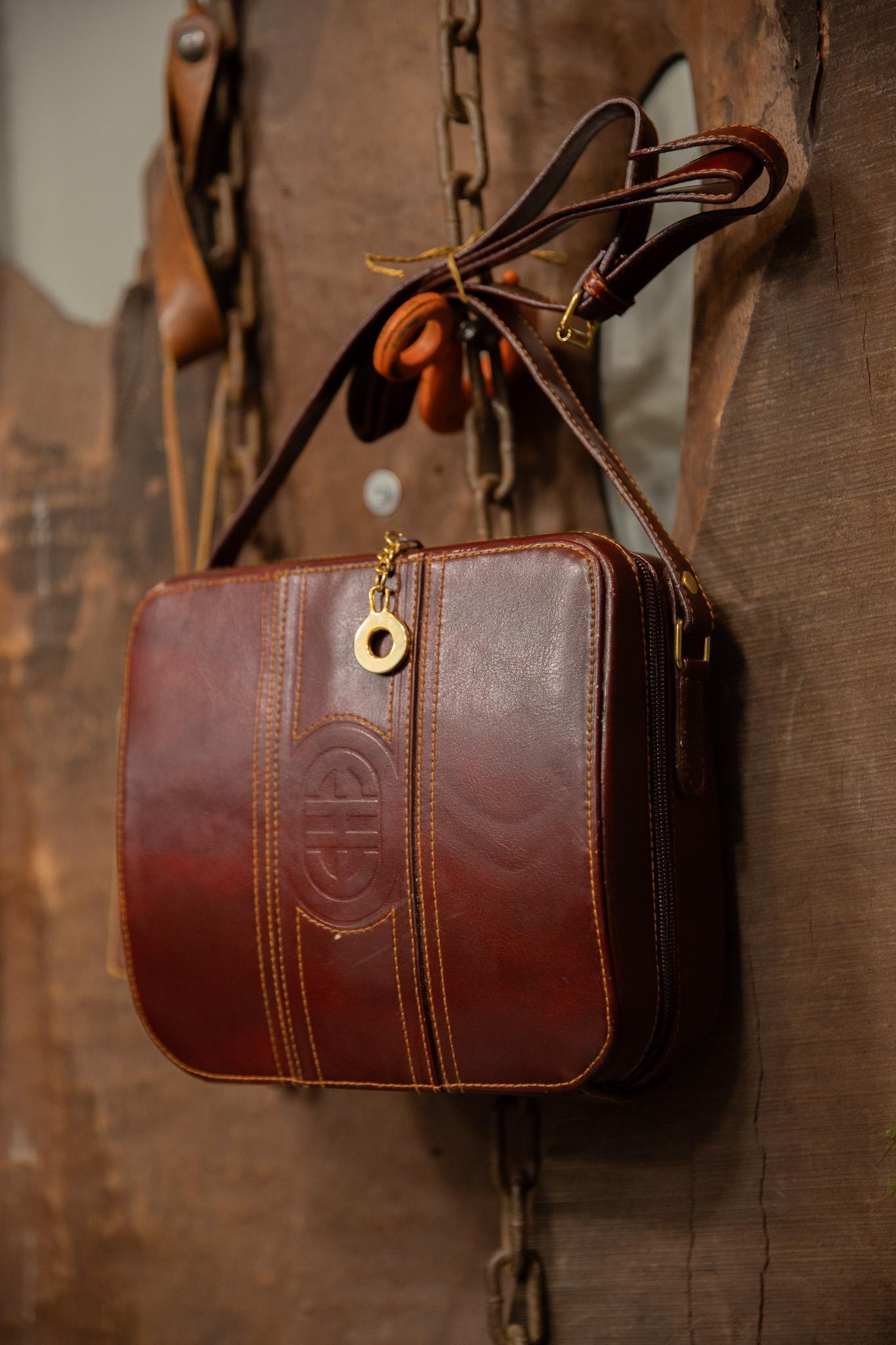 80's Burgundy Tooled Deri Çanta