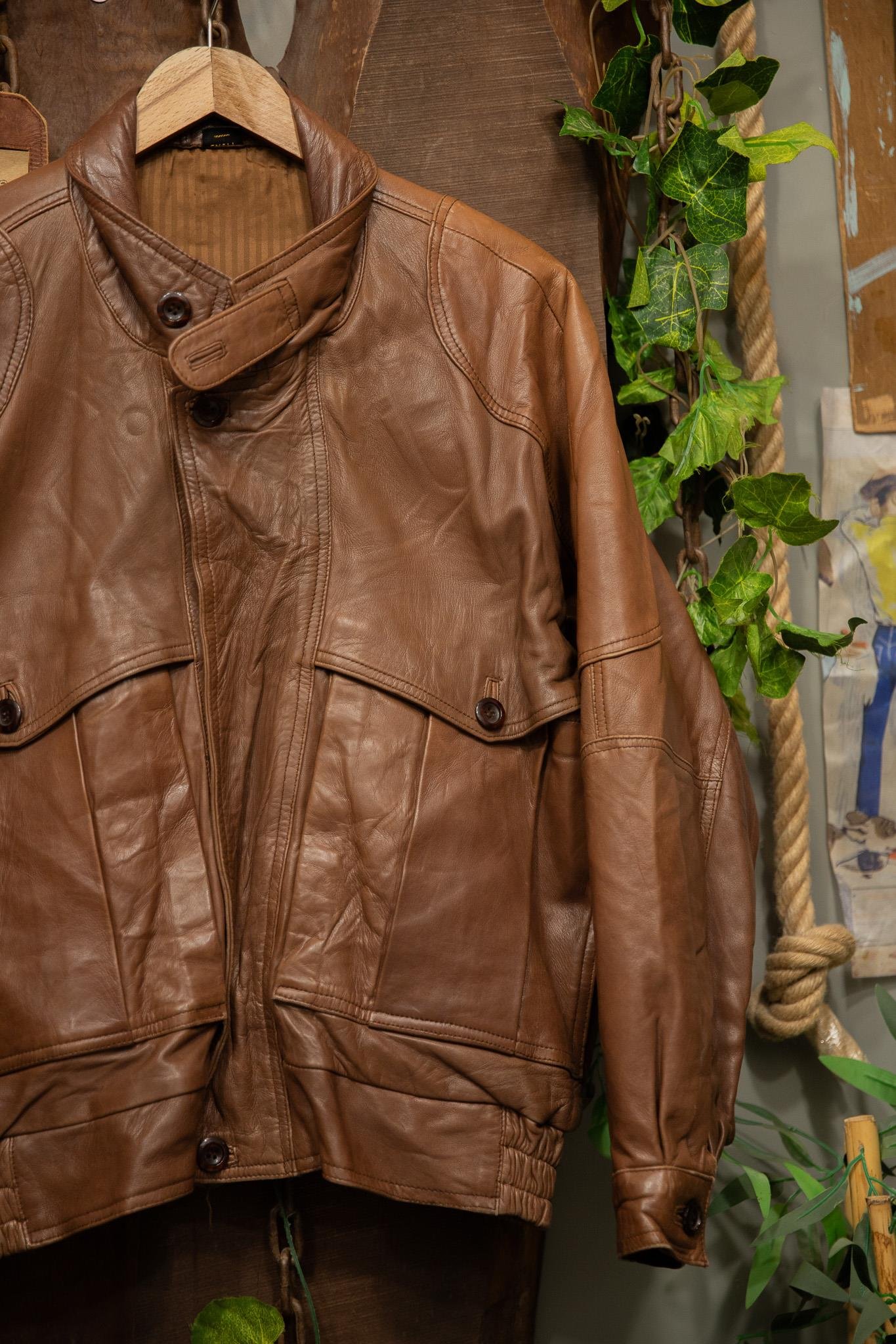 80's Oversize Brown Bomber Deri Ceket
