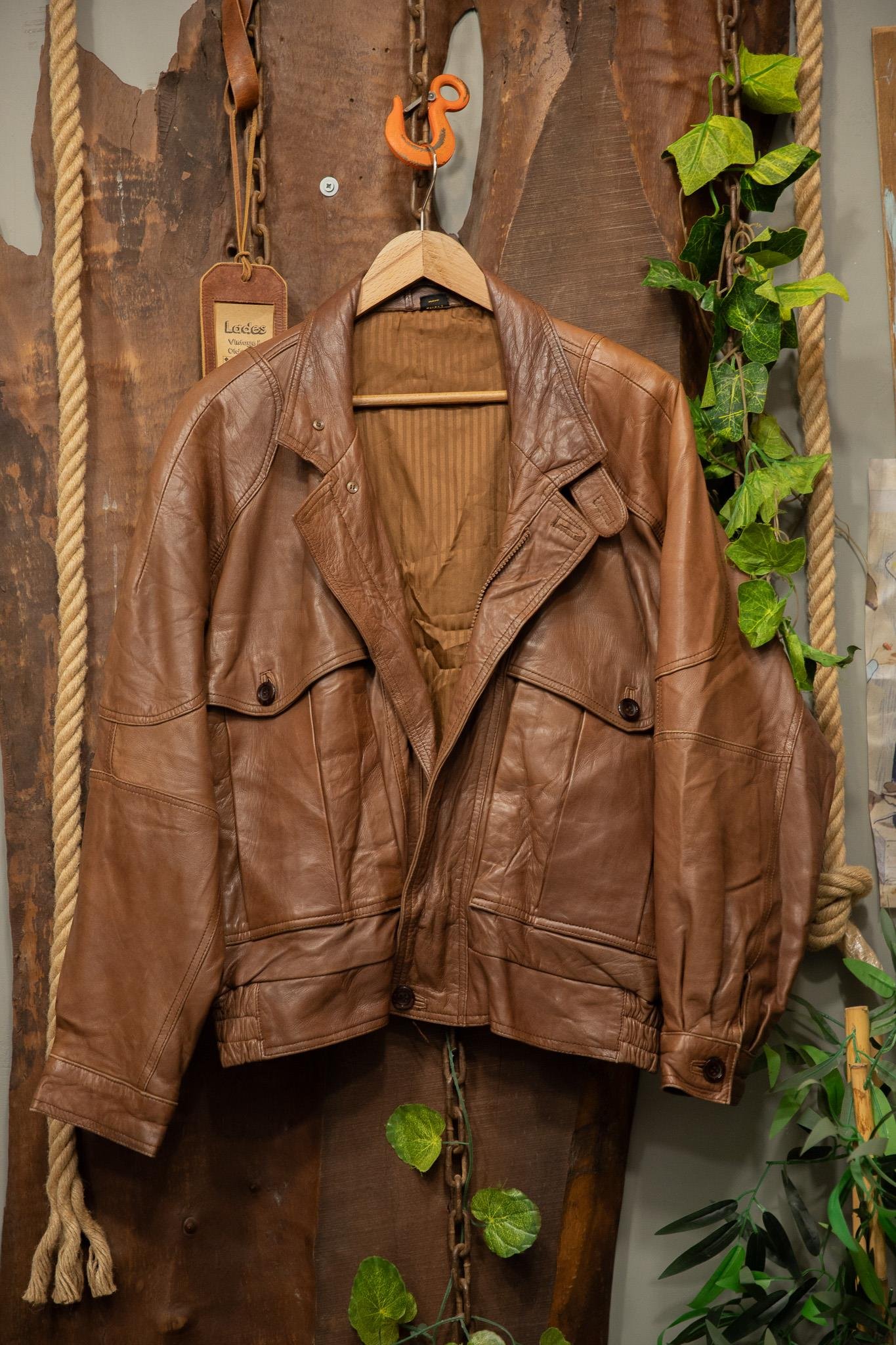 80's Oversize Brown Bomber Deri Ceket