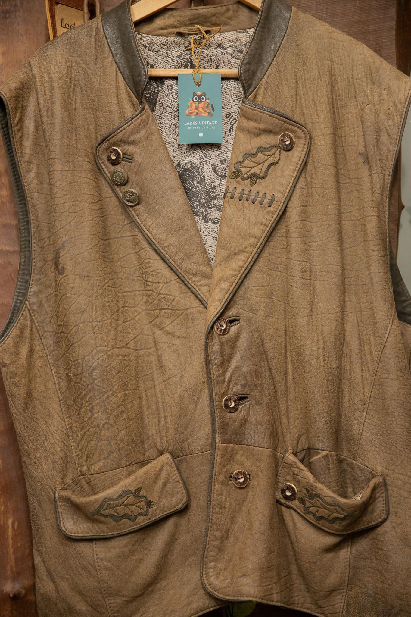 90's Austrian Vest Nakışlı Deri Yelek