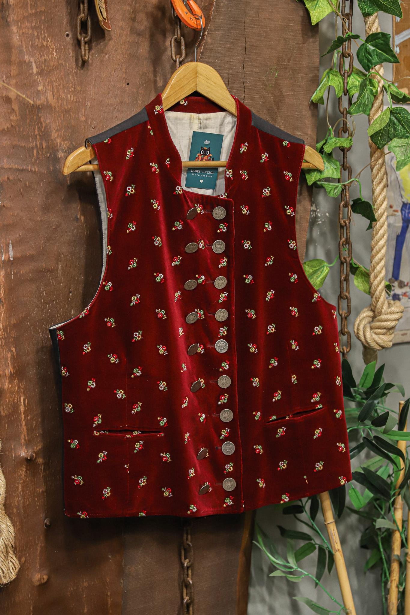 90's Bohemian Red Velvet Kadife Yelek