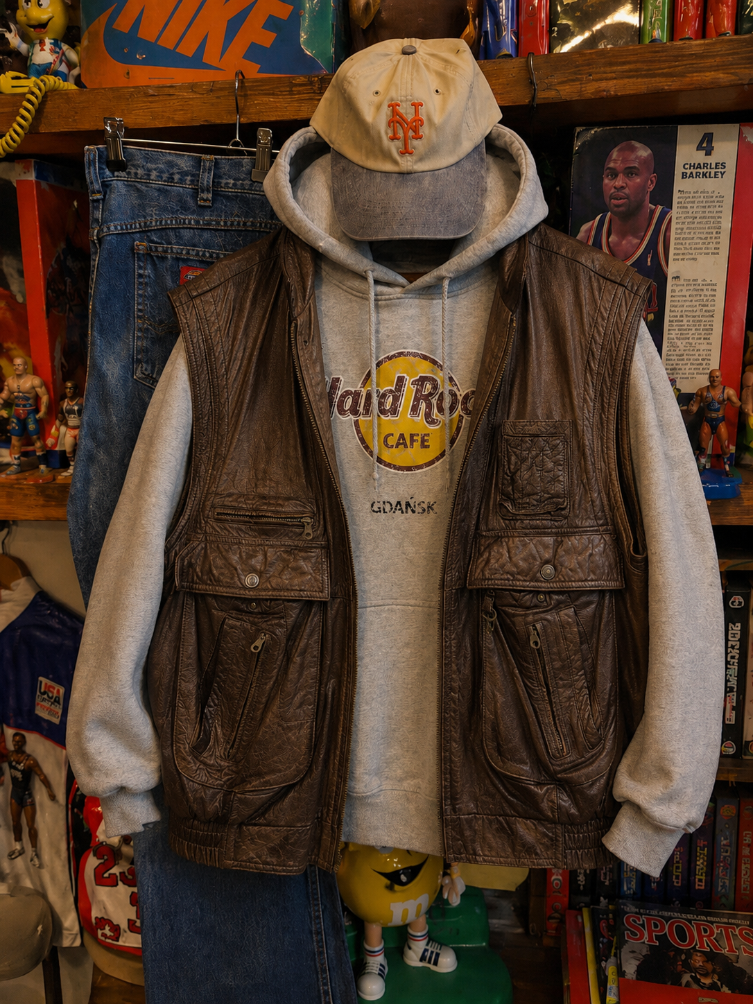 90s Brown Cepli Biker Deri Yelek