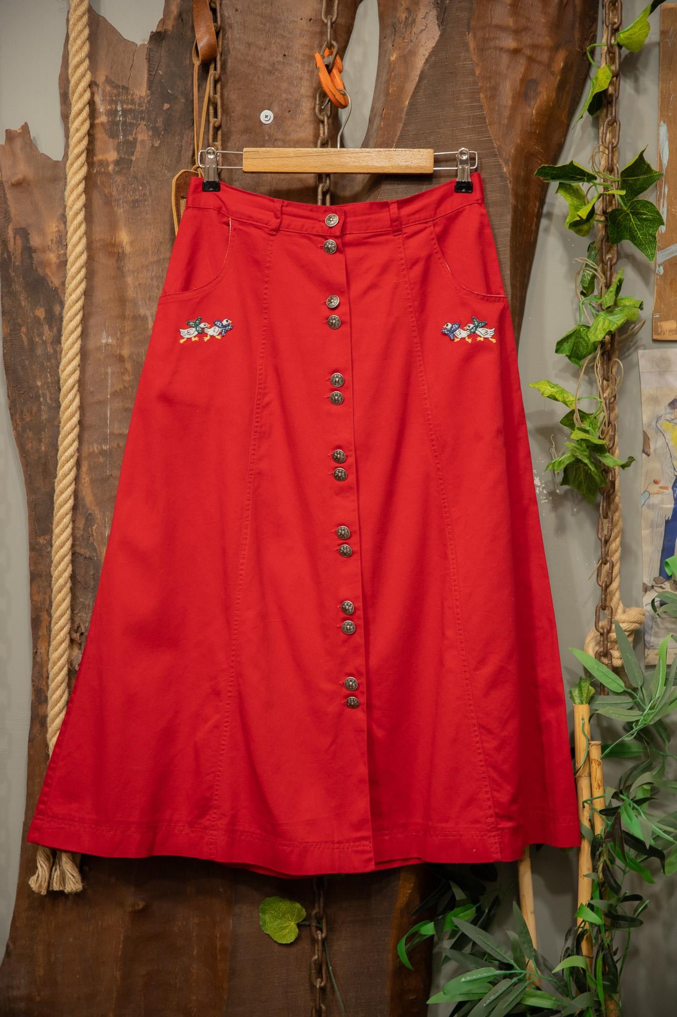 90's Cherry Red Nakışlı Canvas Etek