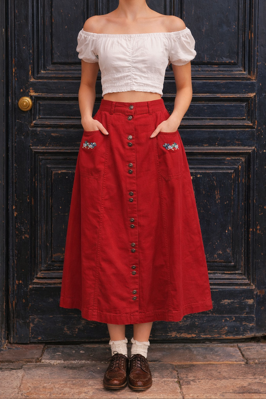 90's Cherry Red Nakışlı Canvas Etek