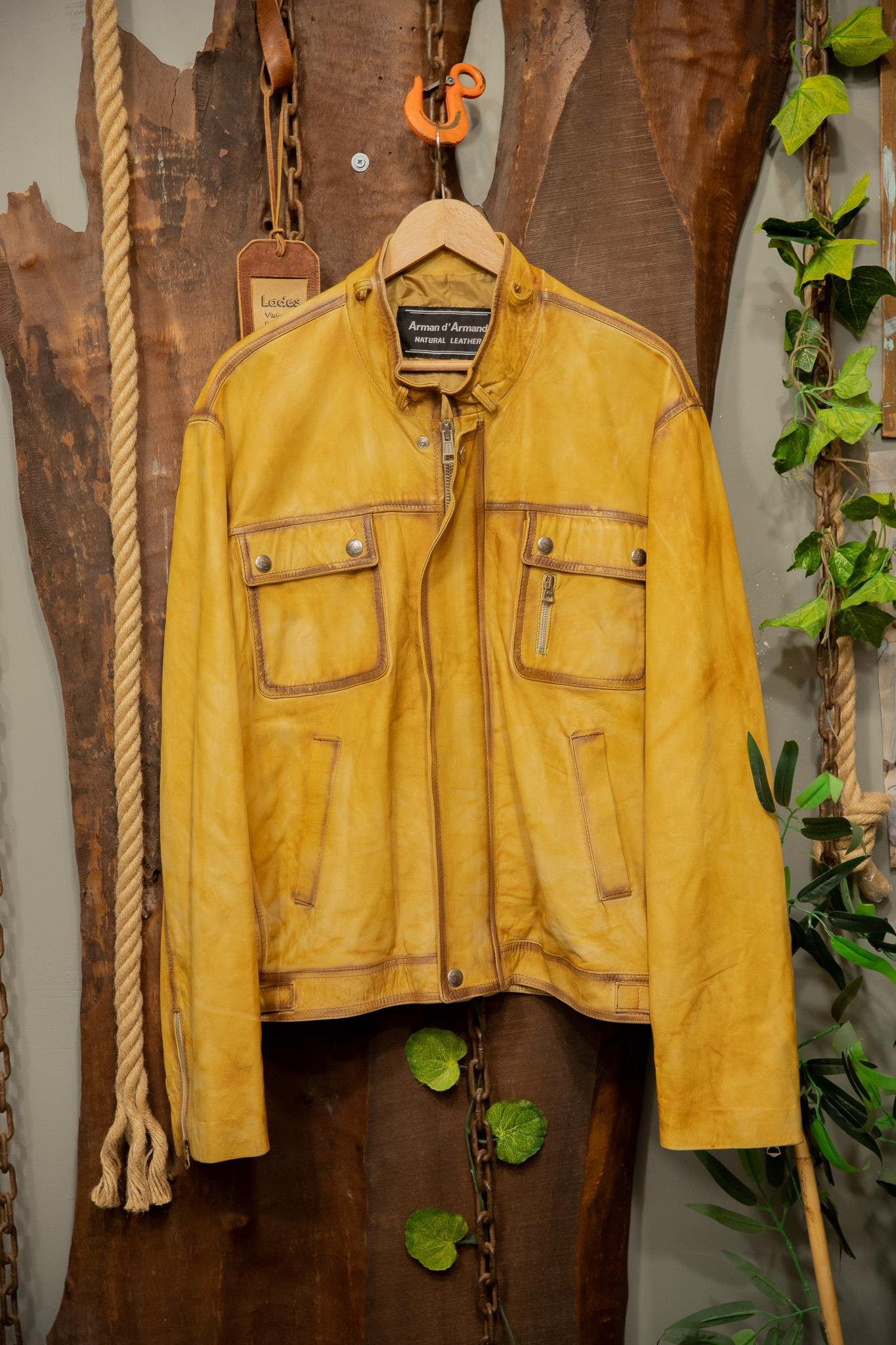 90's Eskitme Hardal Biker Deri Ceket