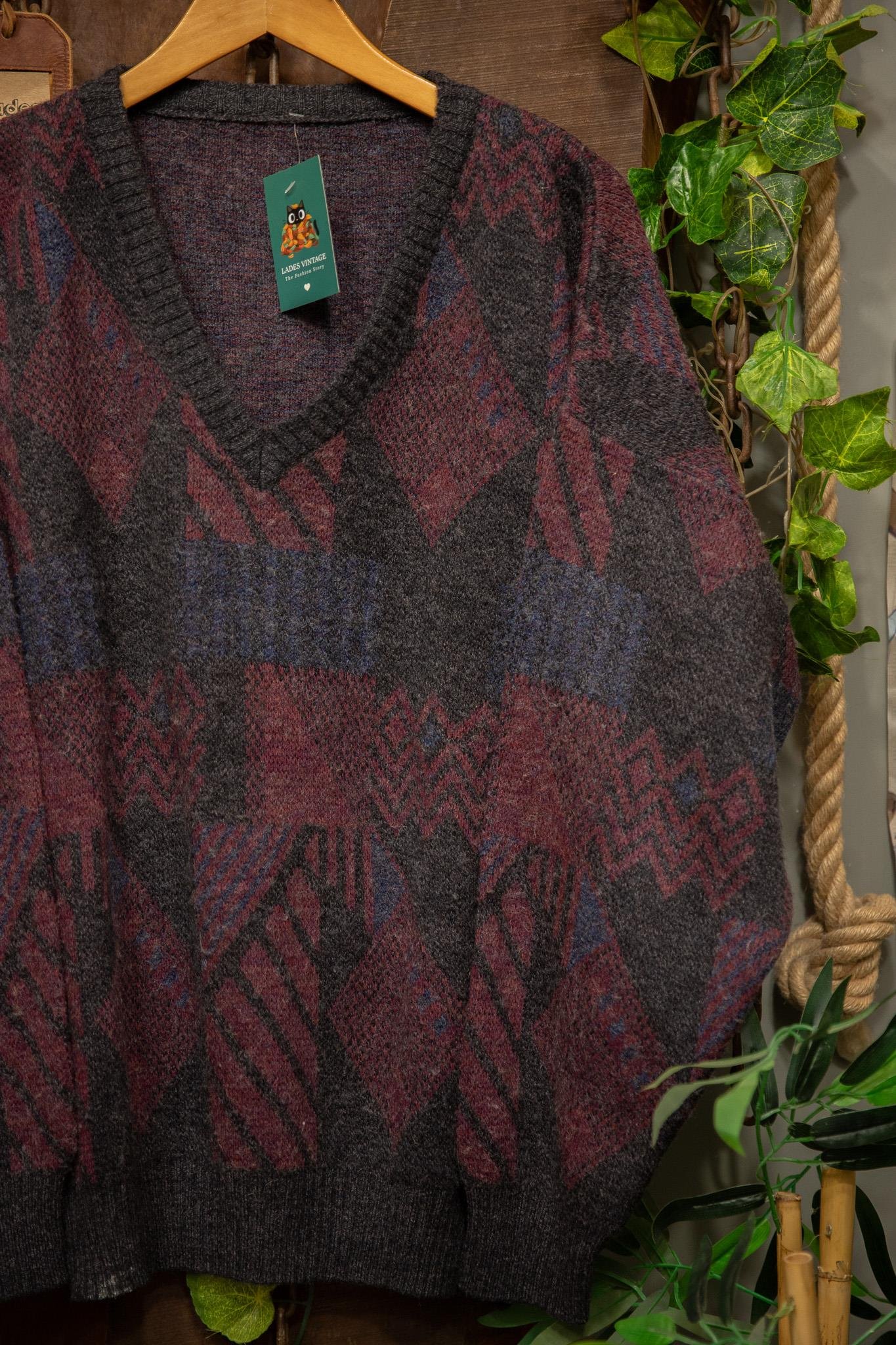 90s Oversize V-Neck Yün Kazak