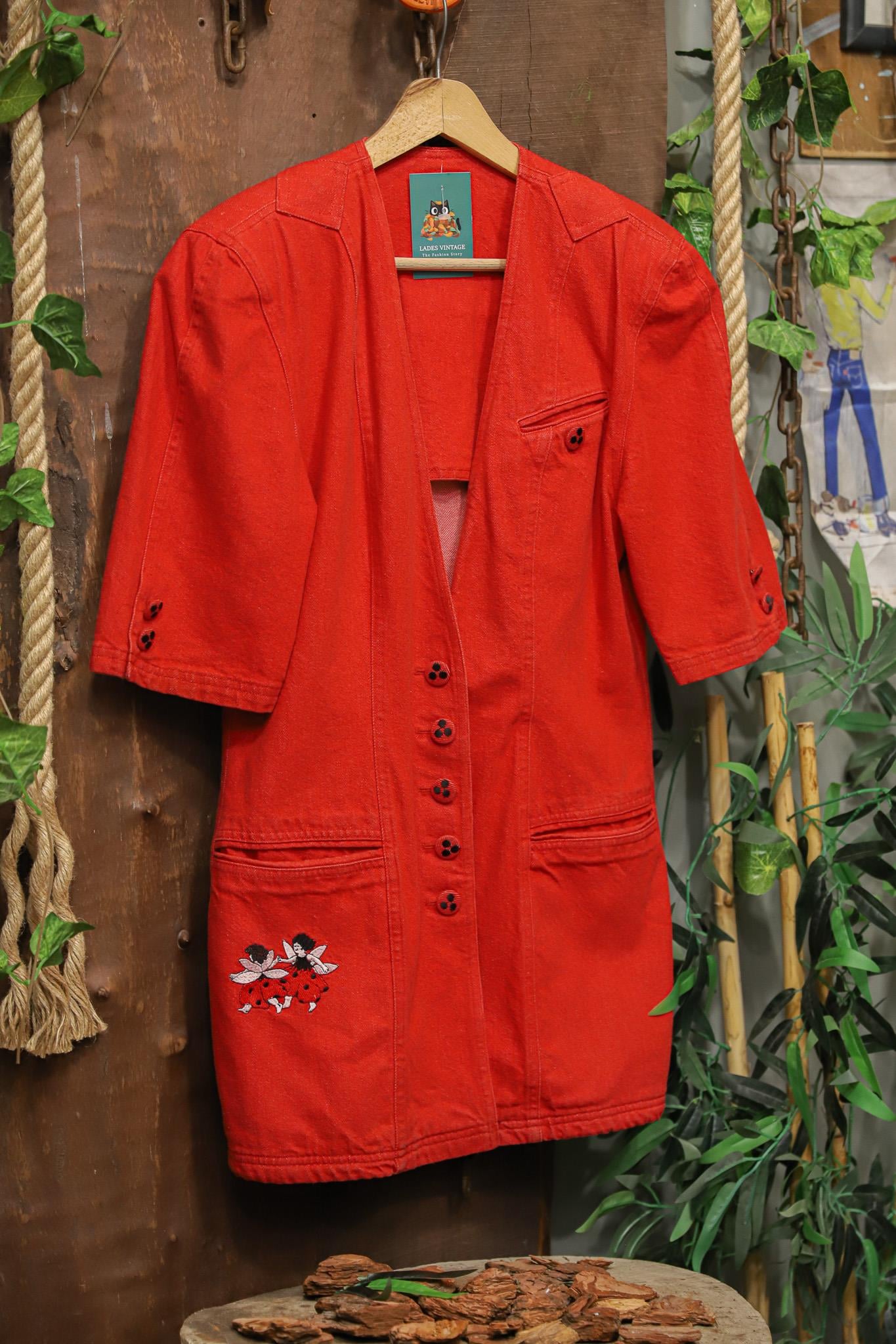 90s Playful Artistic Red Denim Ceket
