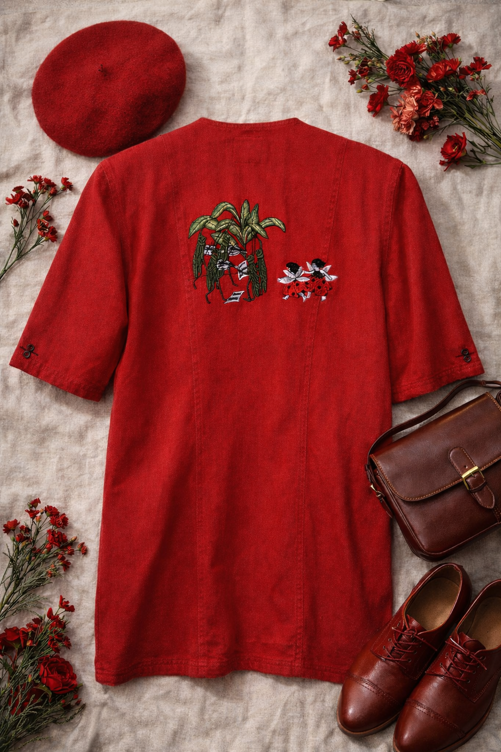 90s Playful Artistic Red Denim Ceket
