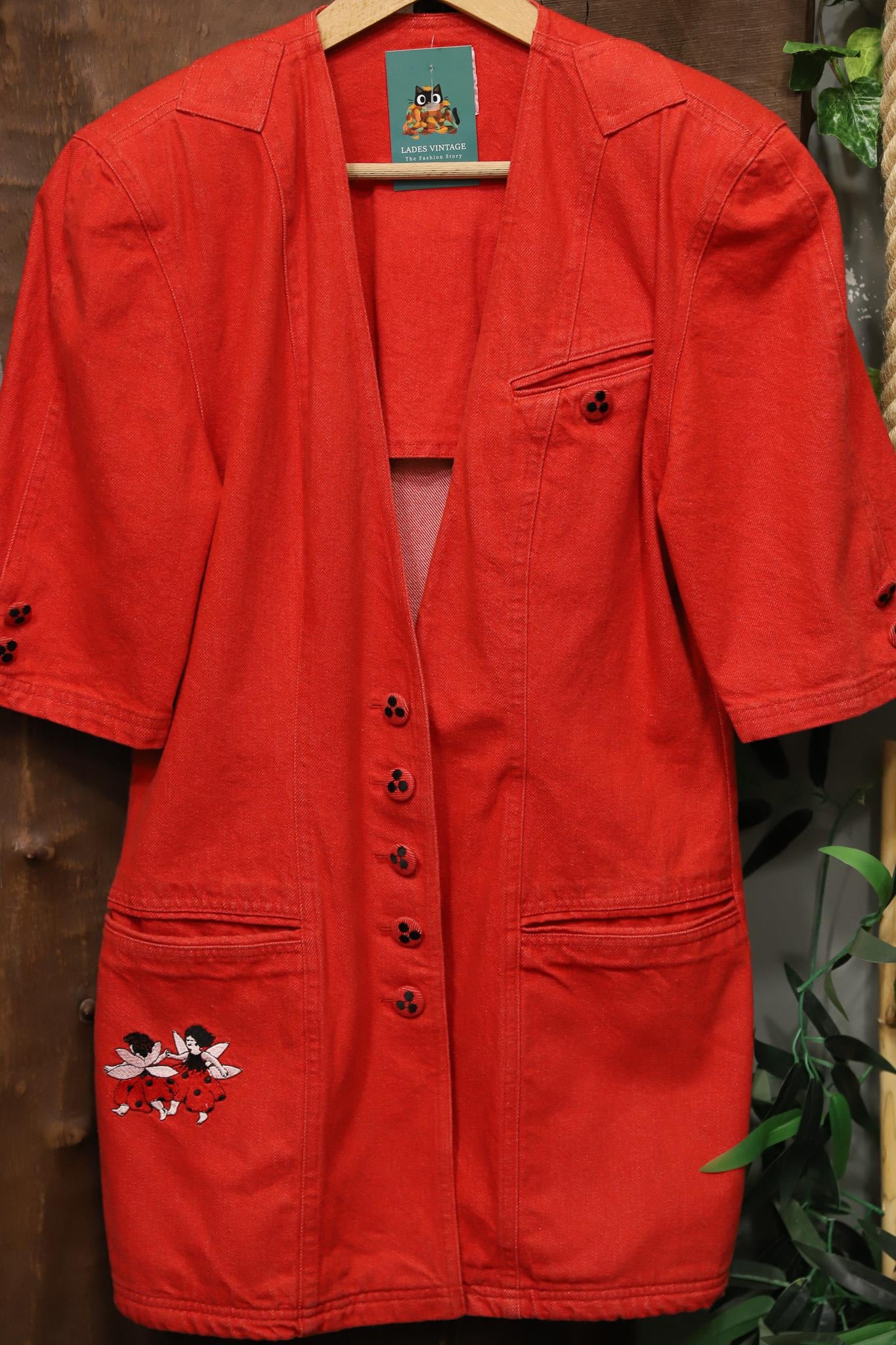90s Playful Artistic Red Denim Ceket