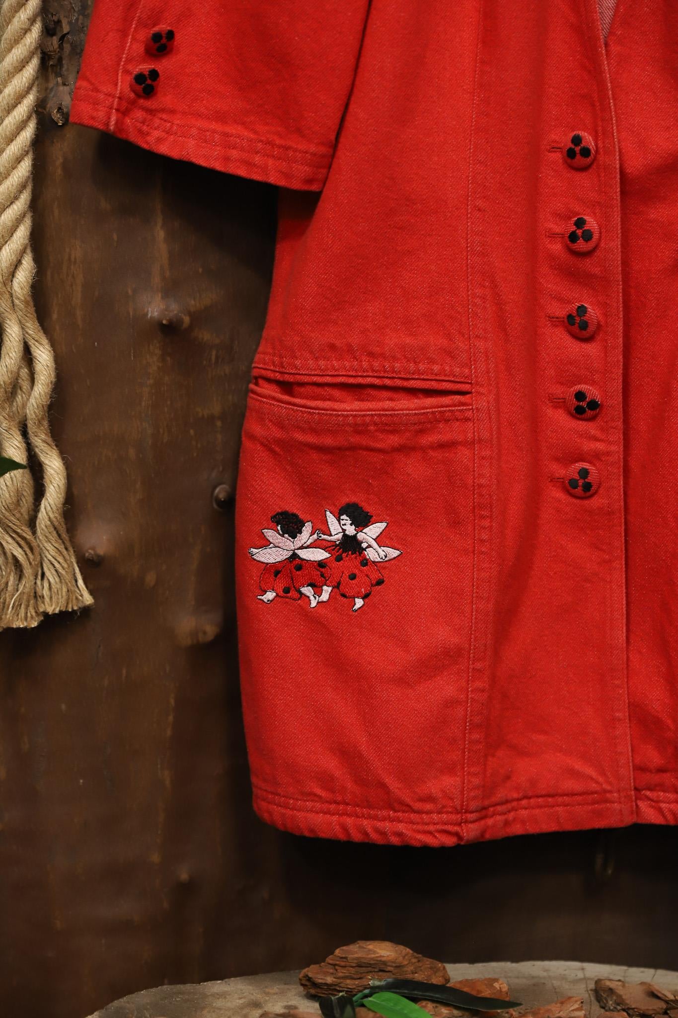 90s Playful Artistic Red Denim Ceket