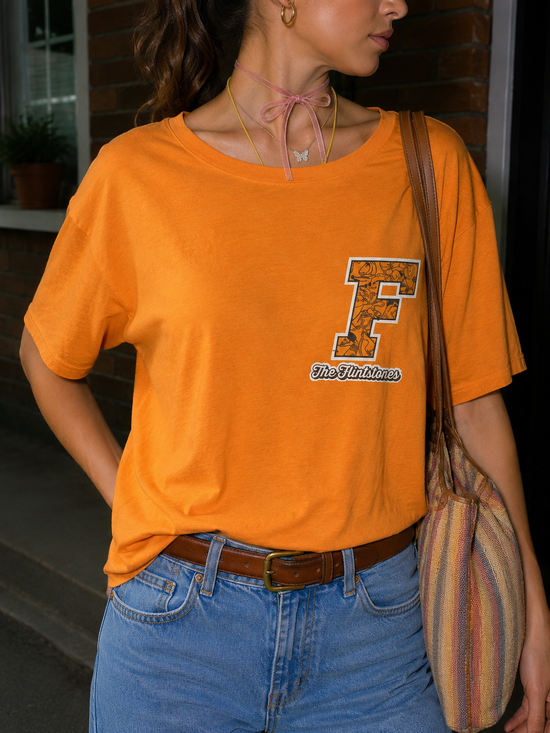 90s Taş Devri Baskılı Oversize Tişört