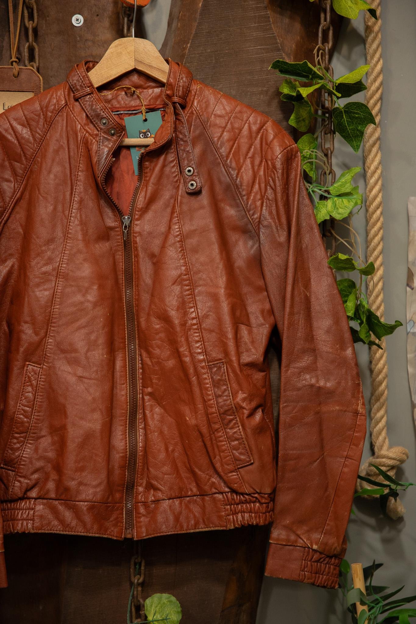 Brown Cognac Moto Classic Deri Ceket