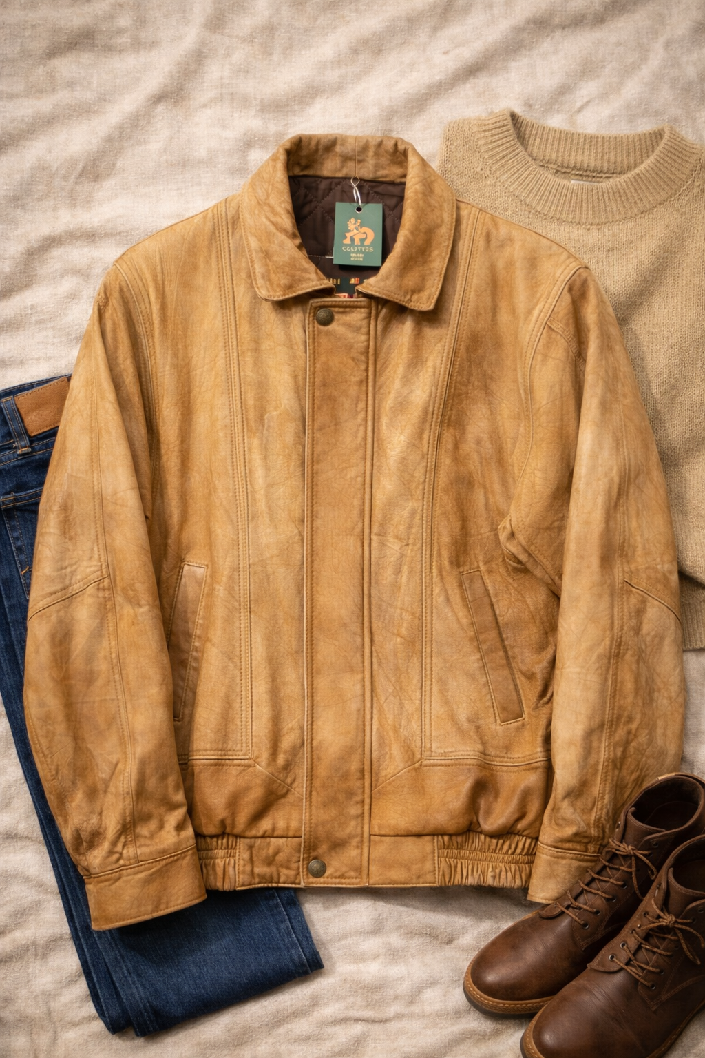 Camel Patina Bomber Deri Ceket