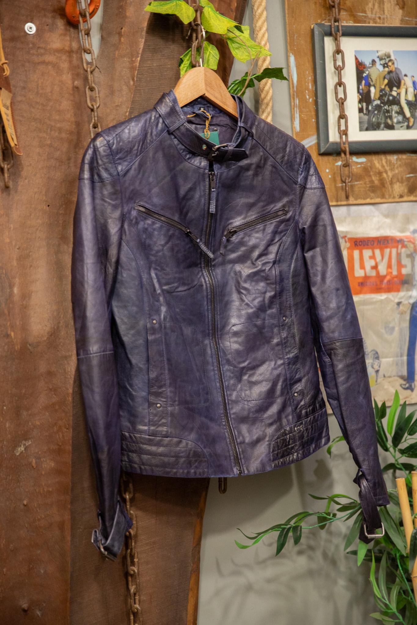 Classic Metallic Navy Biker Deri Ceket