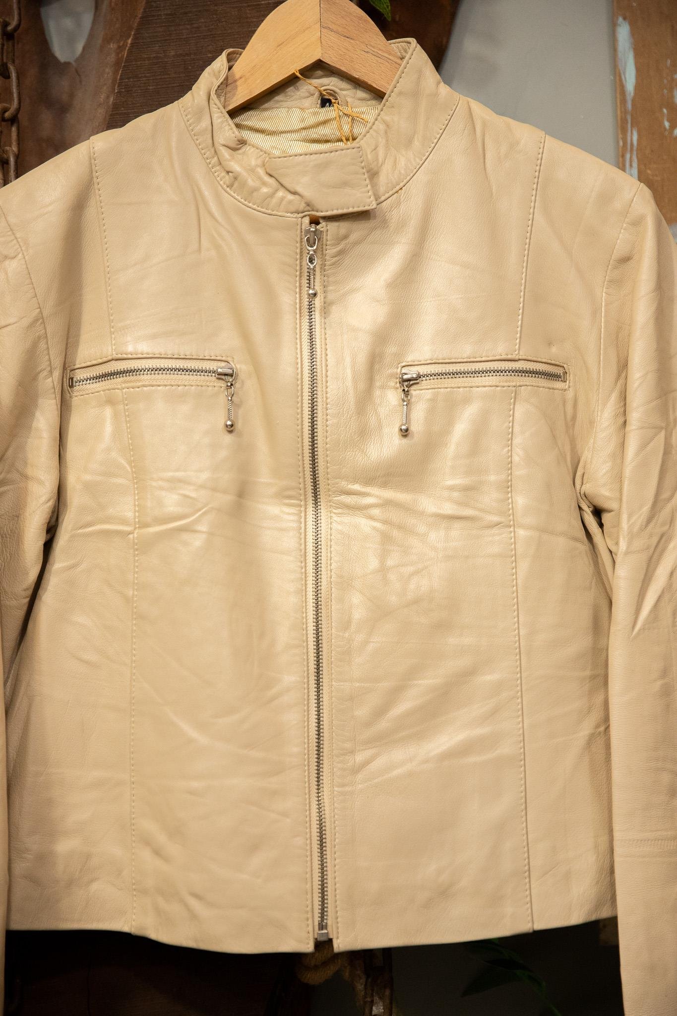 Krem Biker Deri Ceket