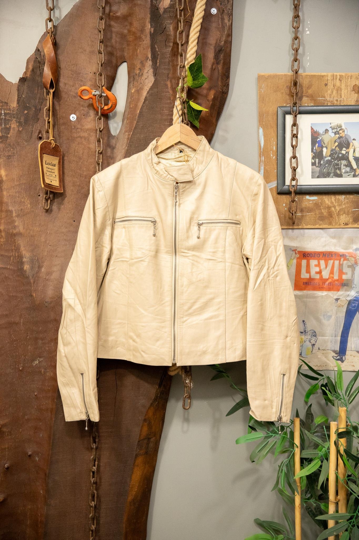 Krem Biker Deri Ceket
