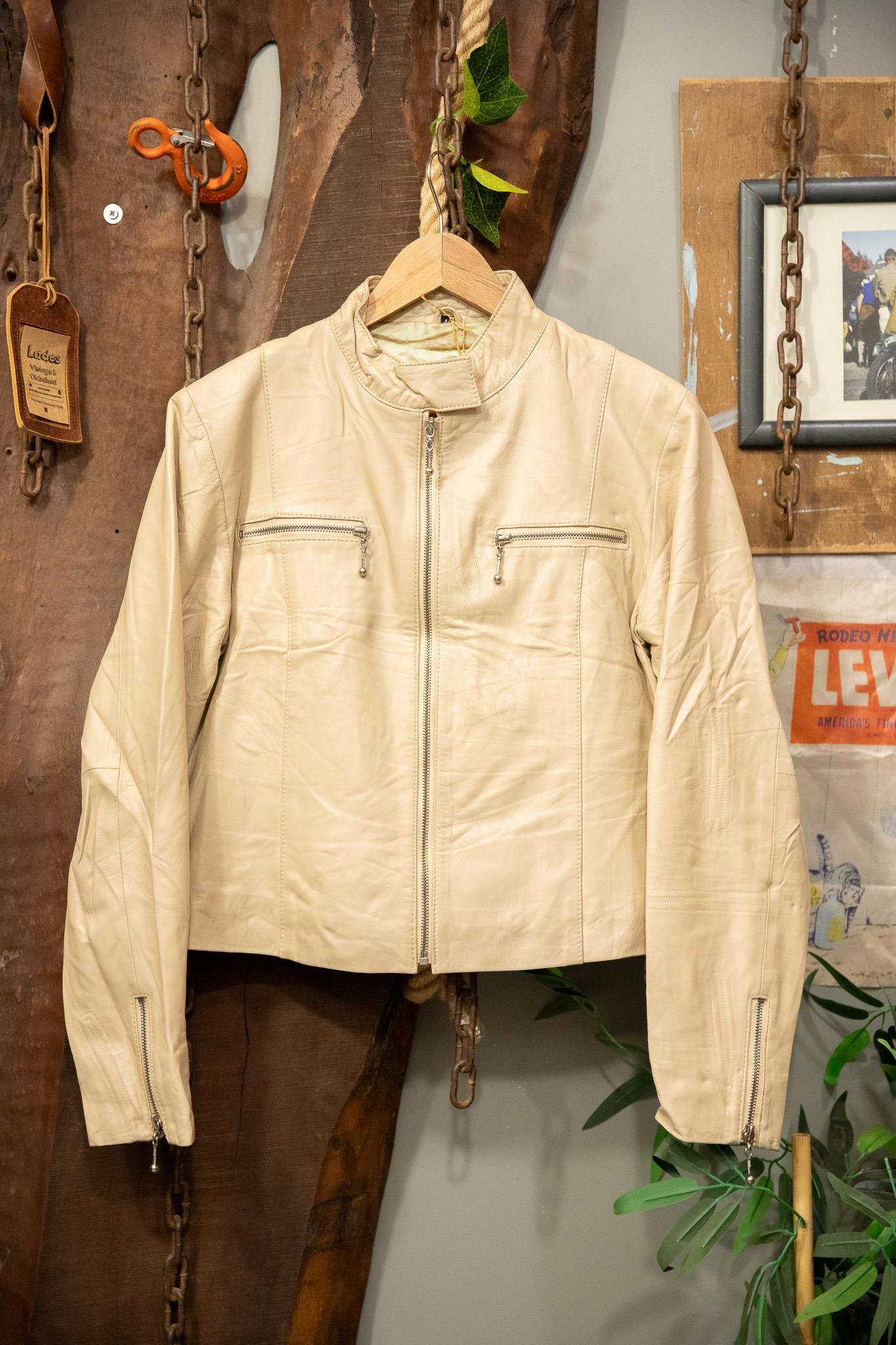 Krem Biker Deri Ceket