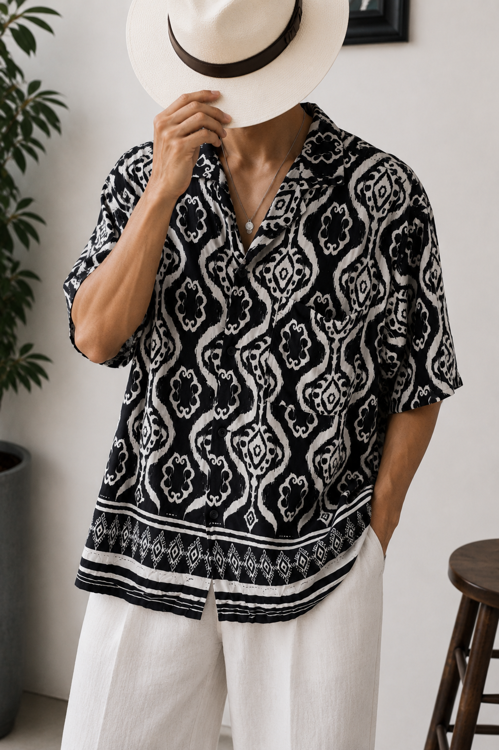 Kübik Damask Motifli Oversize Gömlek