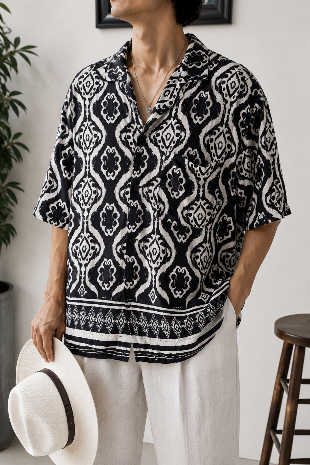 Kübik Damask Motifli Oversize Gömlek