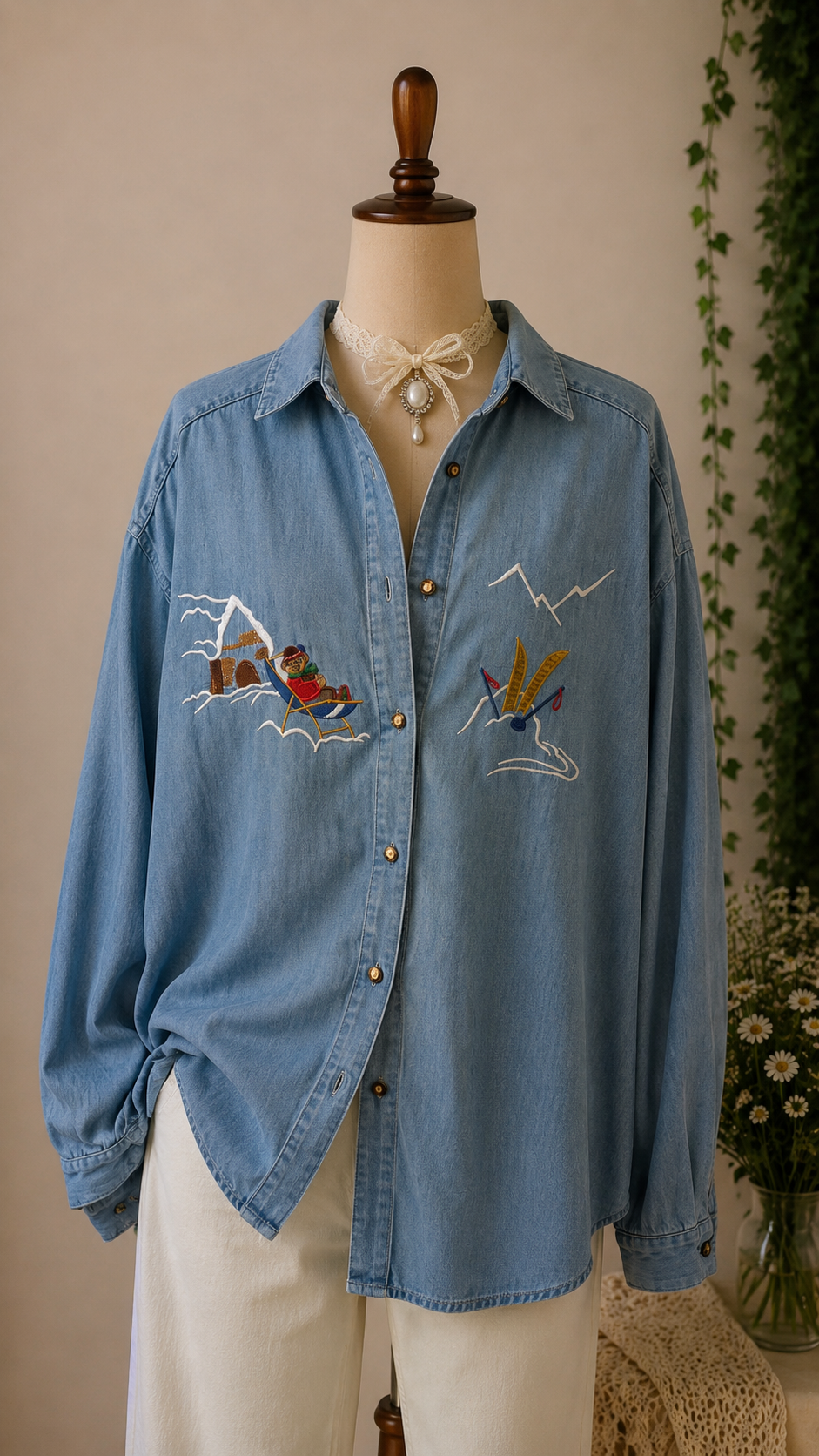 Nakışlı 1990s Denim Gömlek