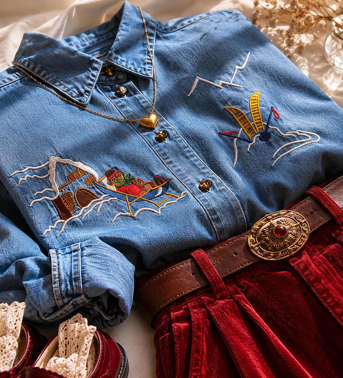 Nakışlı 1990s Denim Gömlek