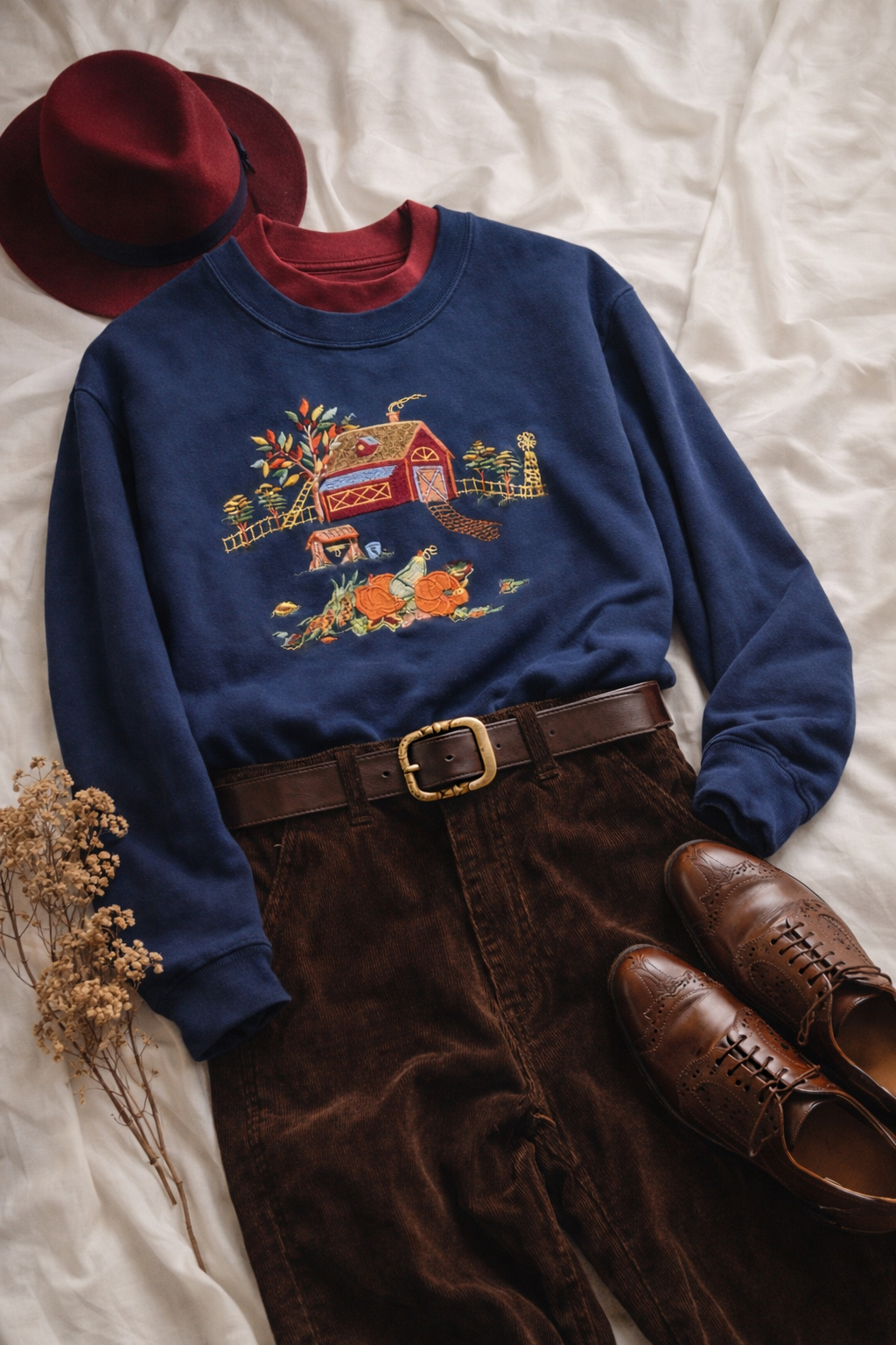 Oversize Navy Maroon Nakışlı Sweat