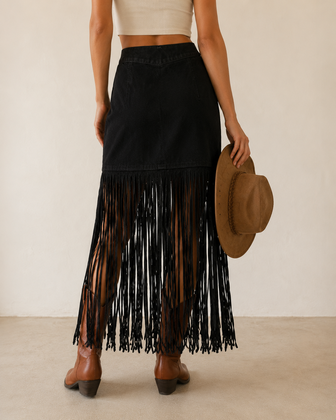 Püsküllü Western Black Suede Etek