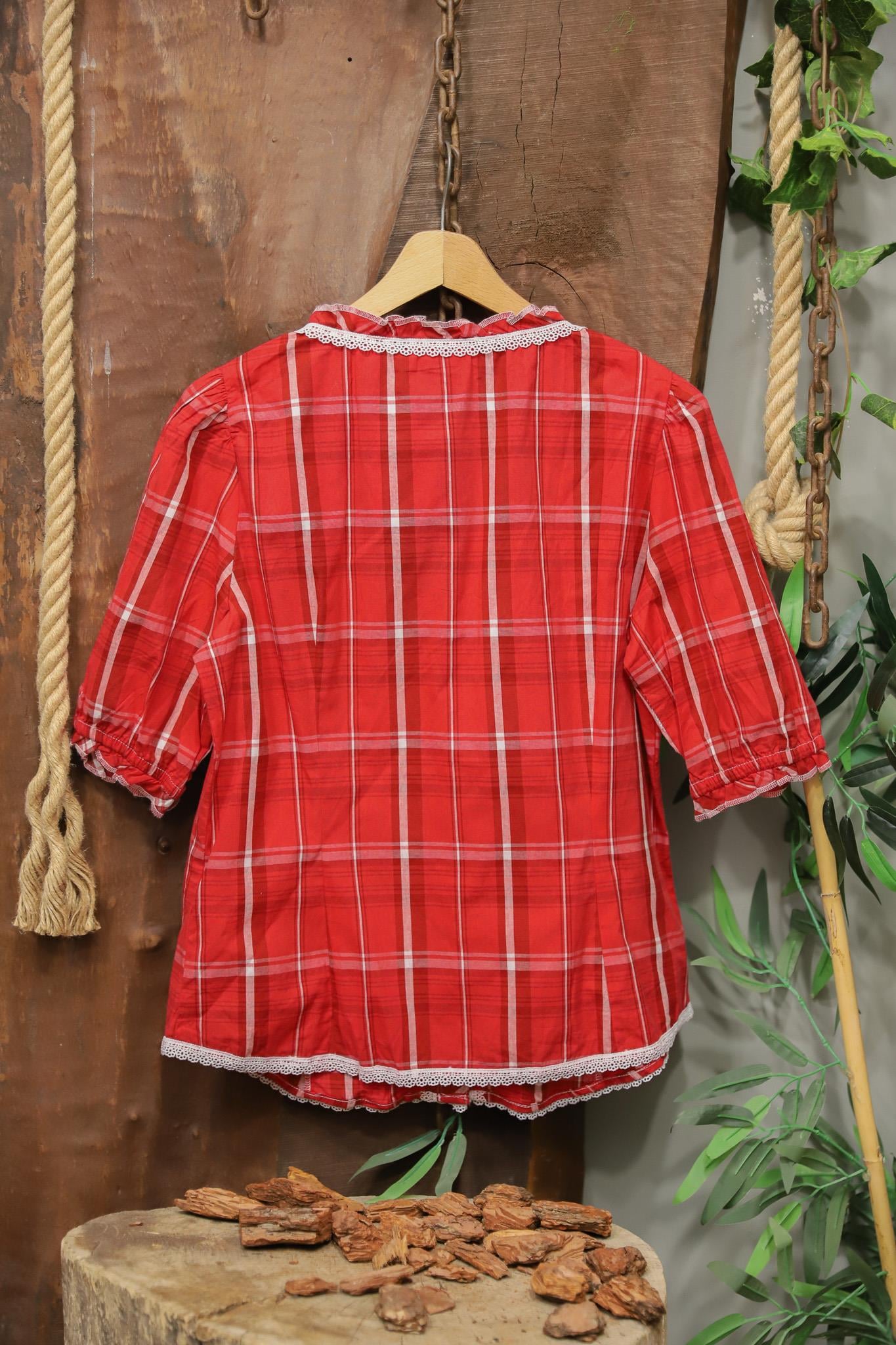 Red Plaid Lace Nakışlı Bluz