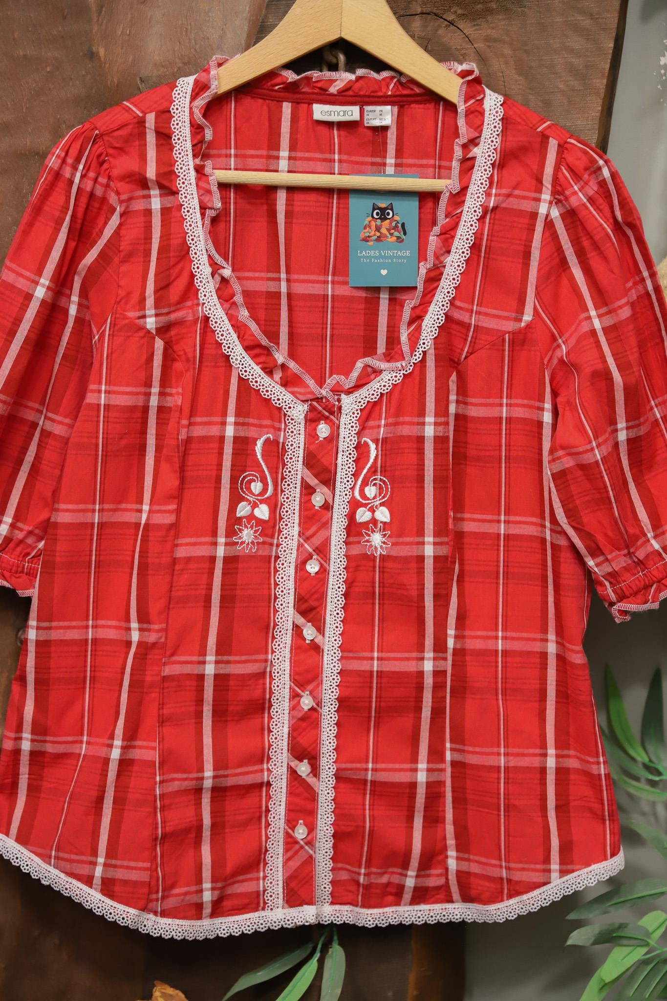 Red Plaid Lace Nakışlı Bluz